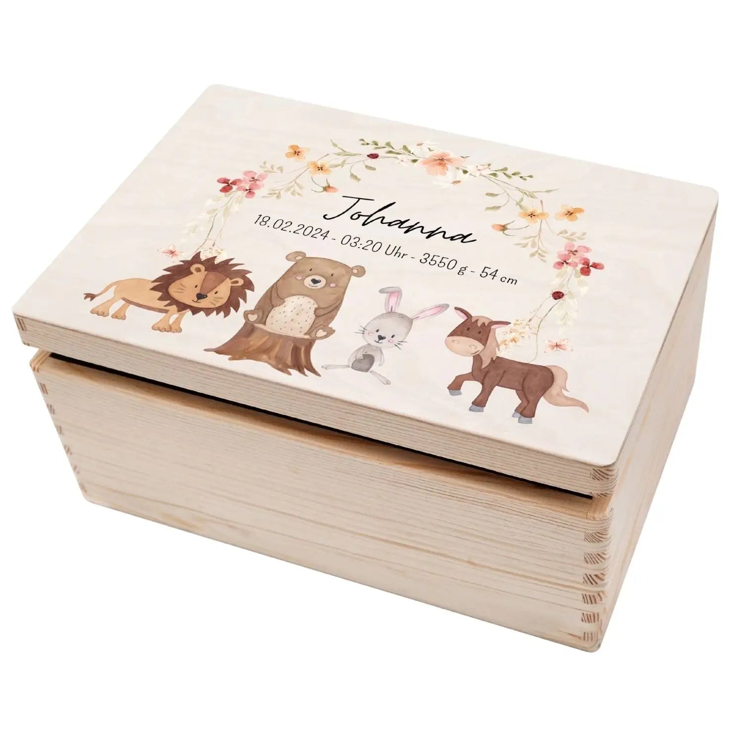 Erinnerungsbox Holz mit Wunschdaten – Tiere Blumenkreis rosa Aquarell - wunderwunsch