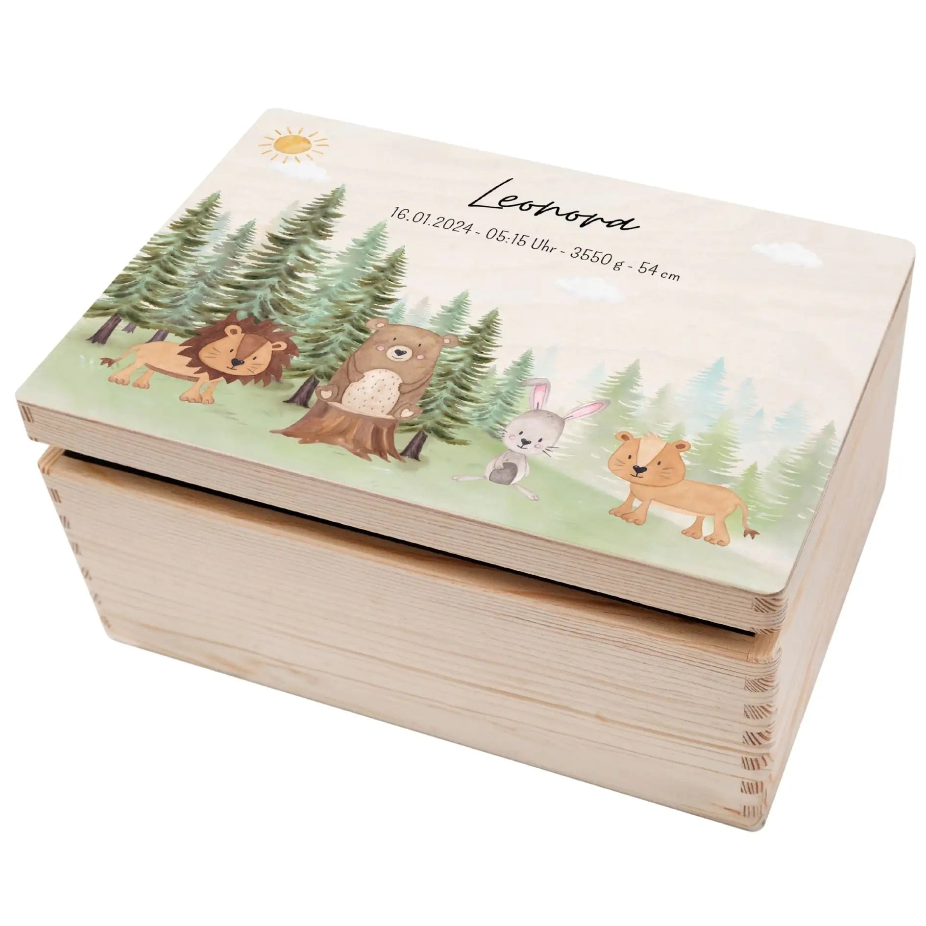 Erinnerungsbox Holz mit Wunschdaten – Tiere Nadelwald Aquarell - wunderwunsch
