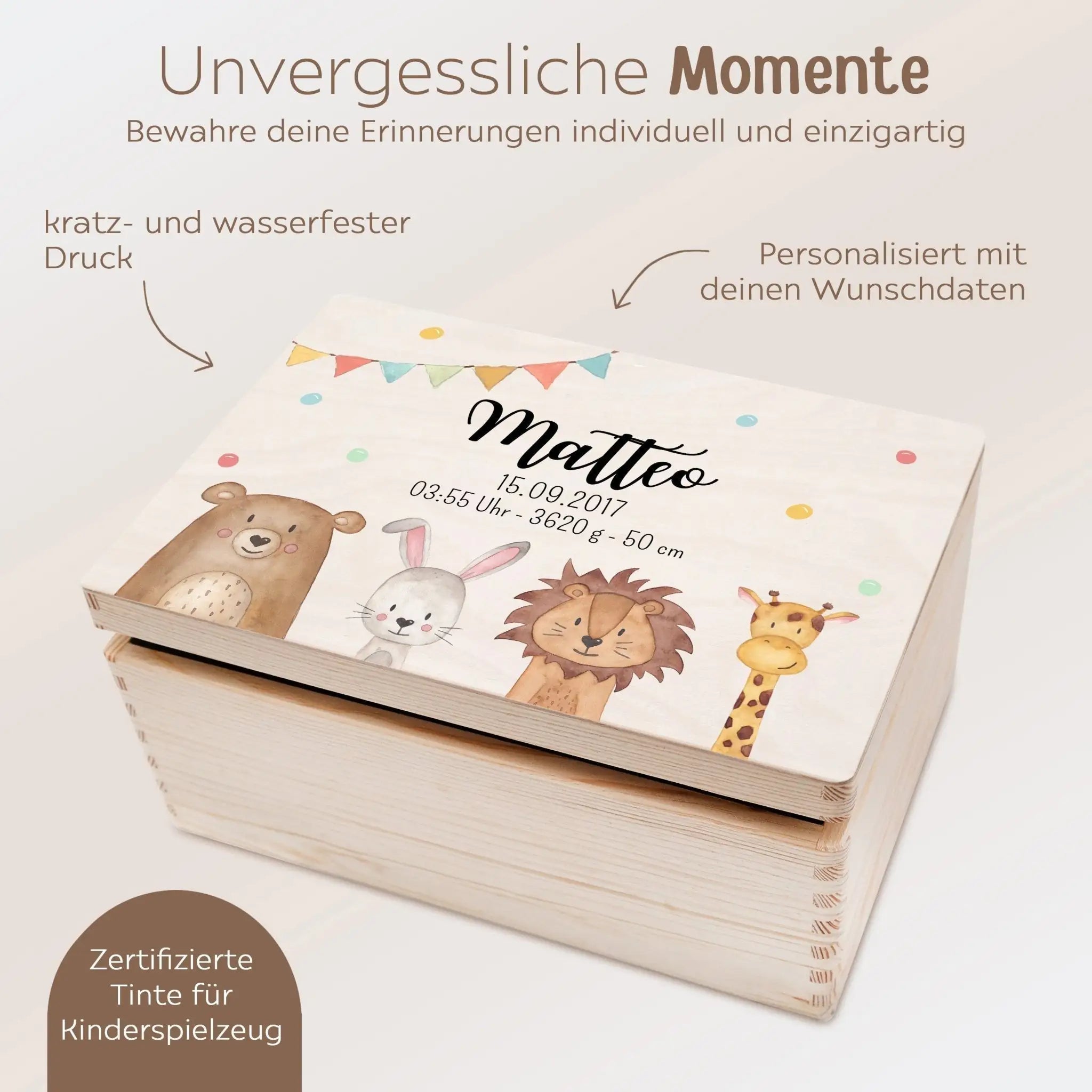 Erinnerungsbox Holz mit Wunschdaten – Tiere unten Girlande Aquarell - wunderwunsch