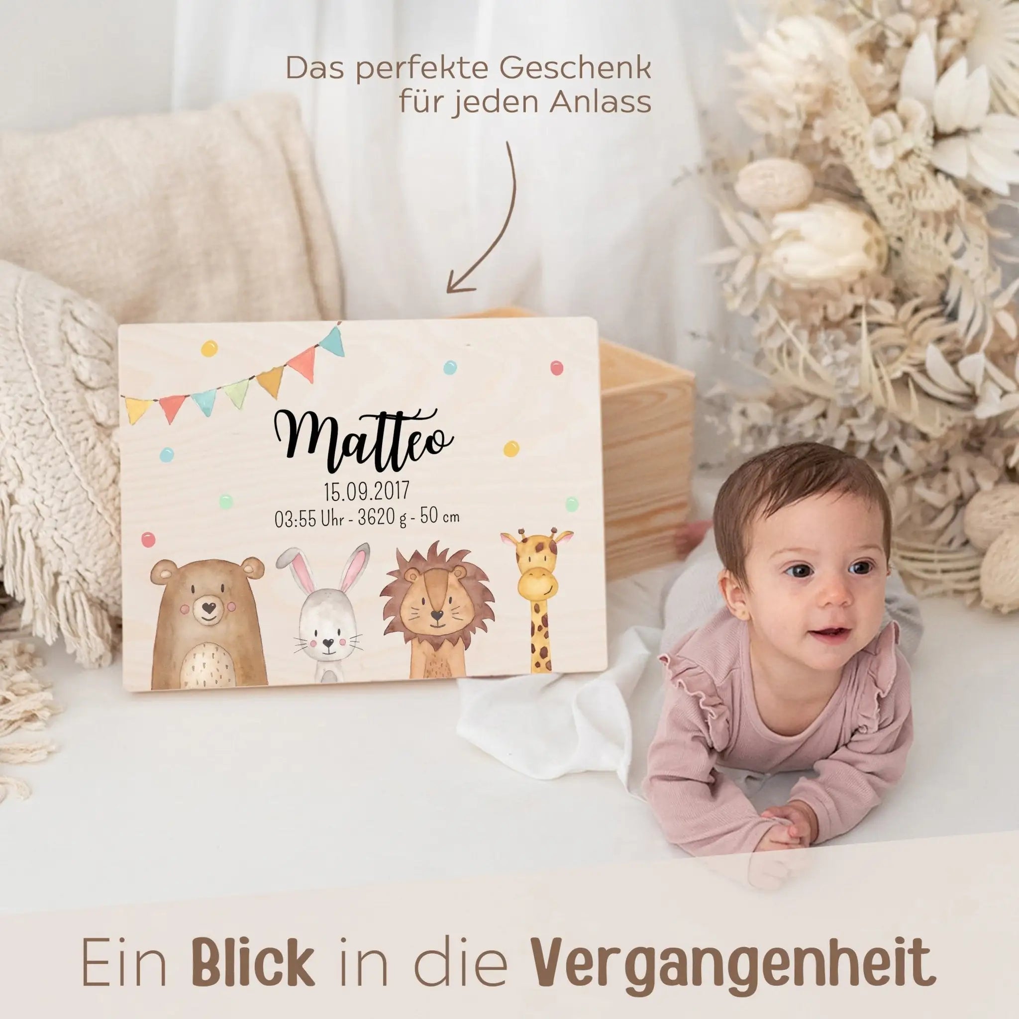 Erinnerungsbox Holz mit Wunschdaten – Tiere unten Girlande Aquarell - wunderwunsch