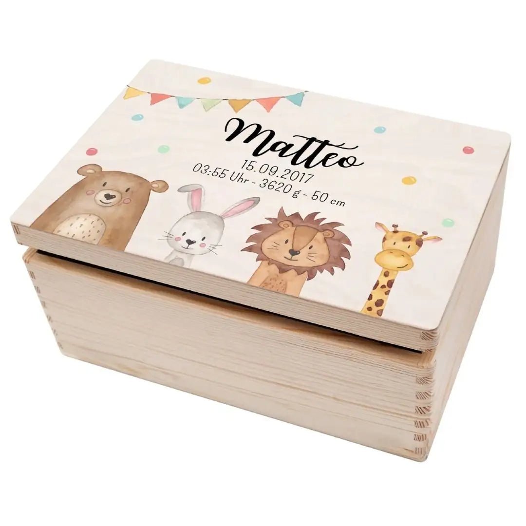 Erinnerungsbox Holz mit Wunschdaten – Tiere unten Girlande Aquarell - wunderwunsch