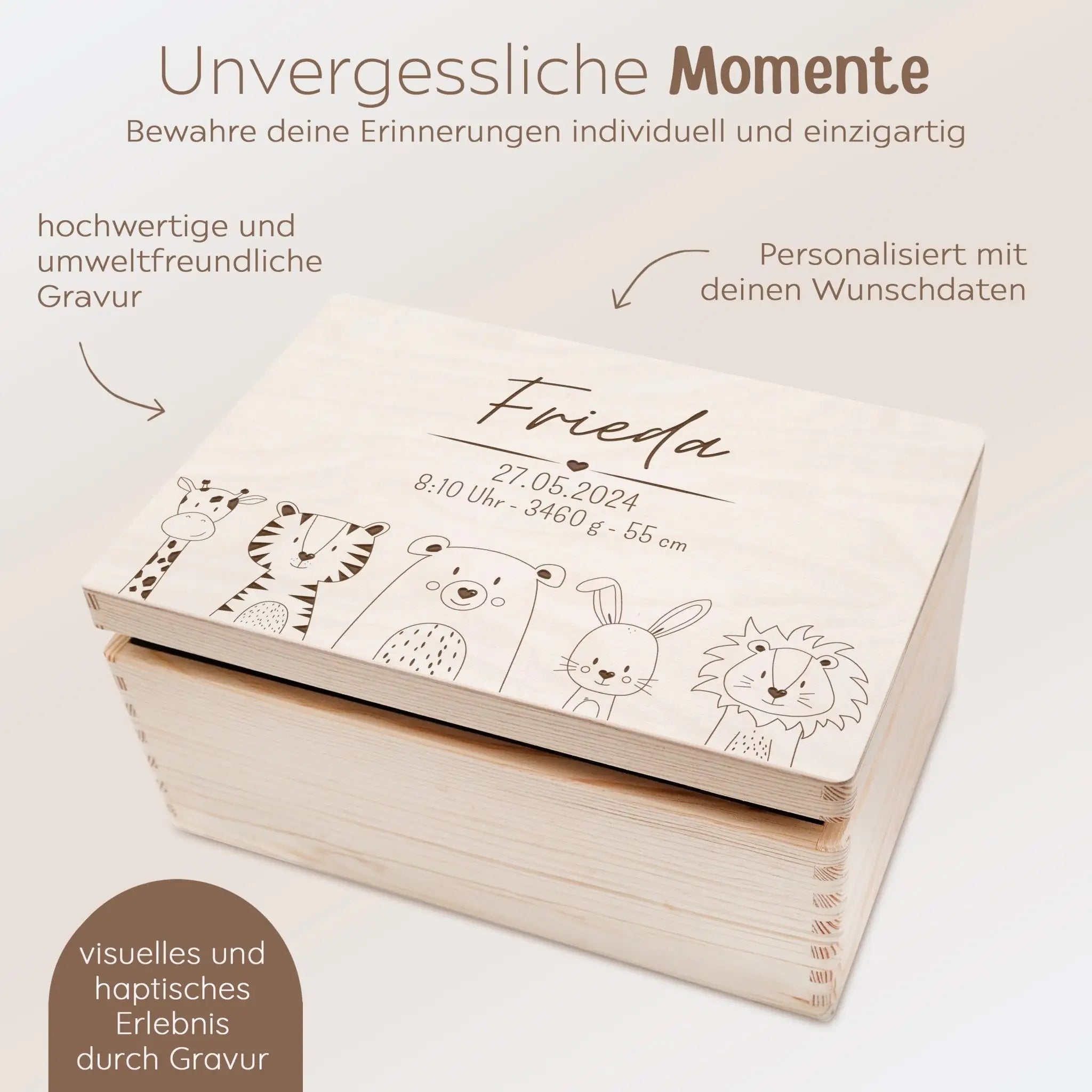 Erinnerungsbox Holz mit Wunschdaten – Tiere unten Gravur - wunderwunsch