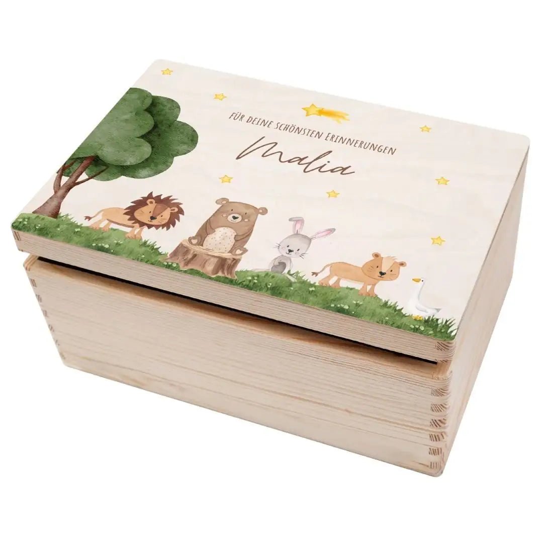 Erinnerungsbox Holz mit Wunschname – Tiere unterm Sternenhimmel Aquarell - wunderwunsch