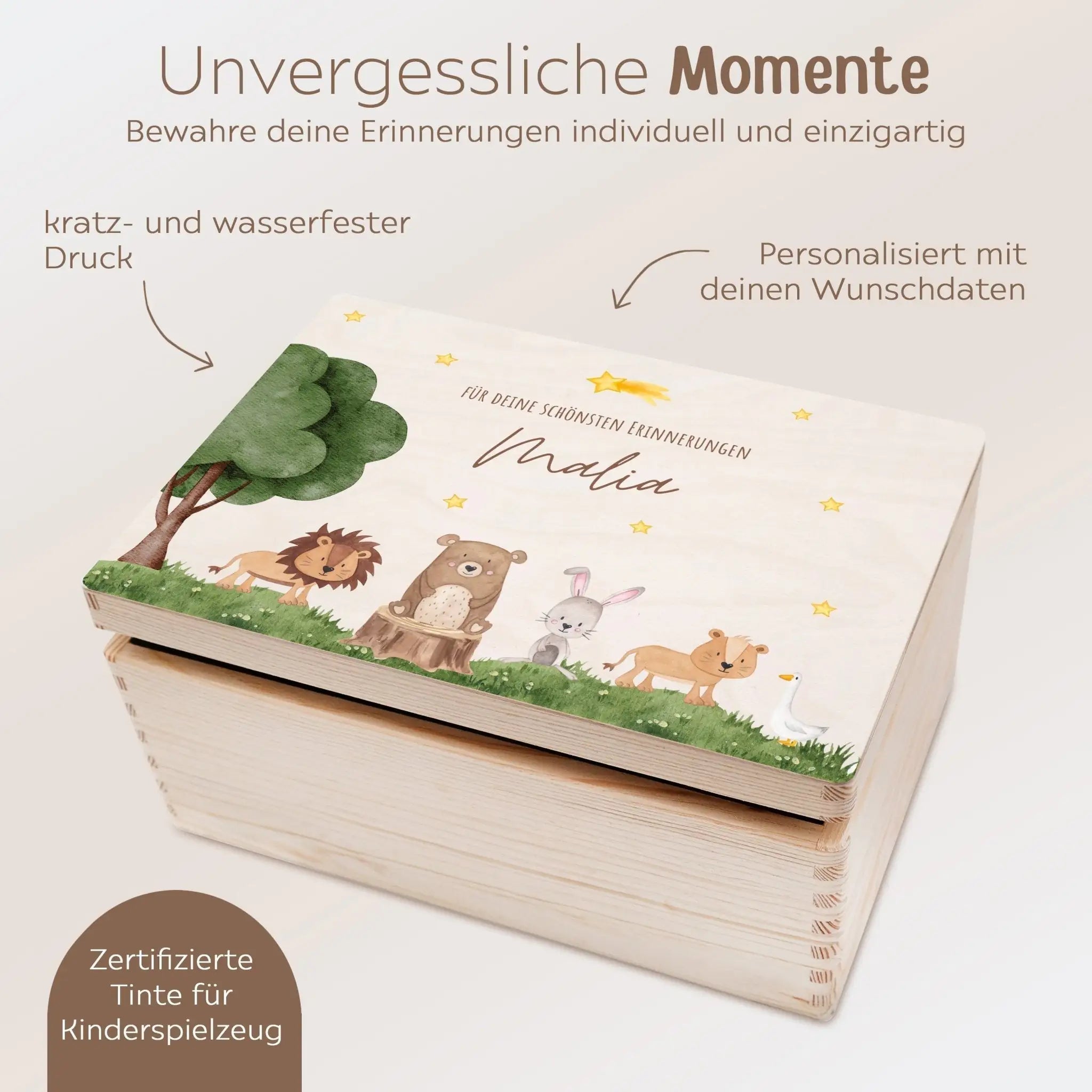 Erinnerungsbox Holz mit Wunschname – Tiere unterm Sternenhimmel Aquarell - wunderwunsch