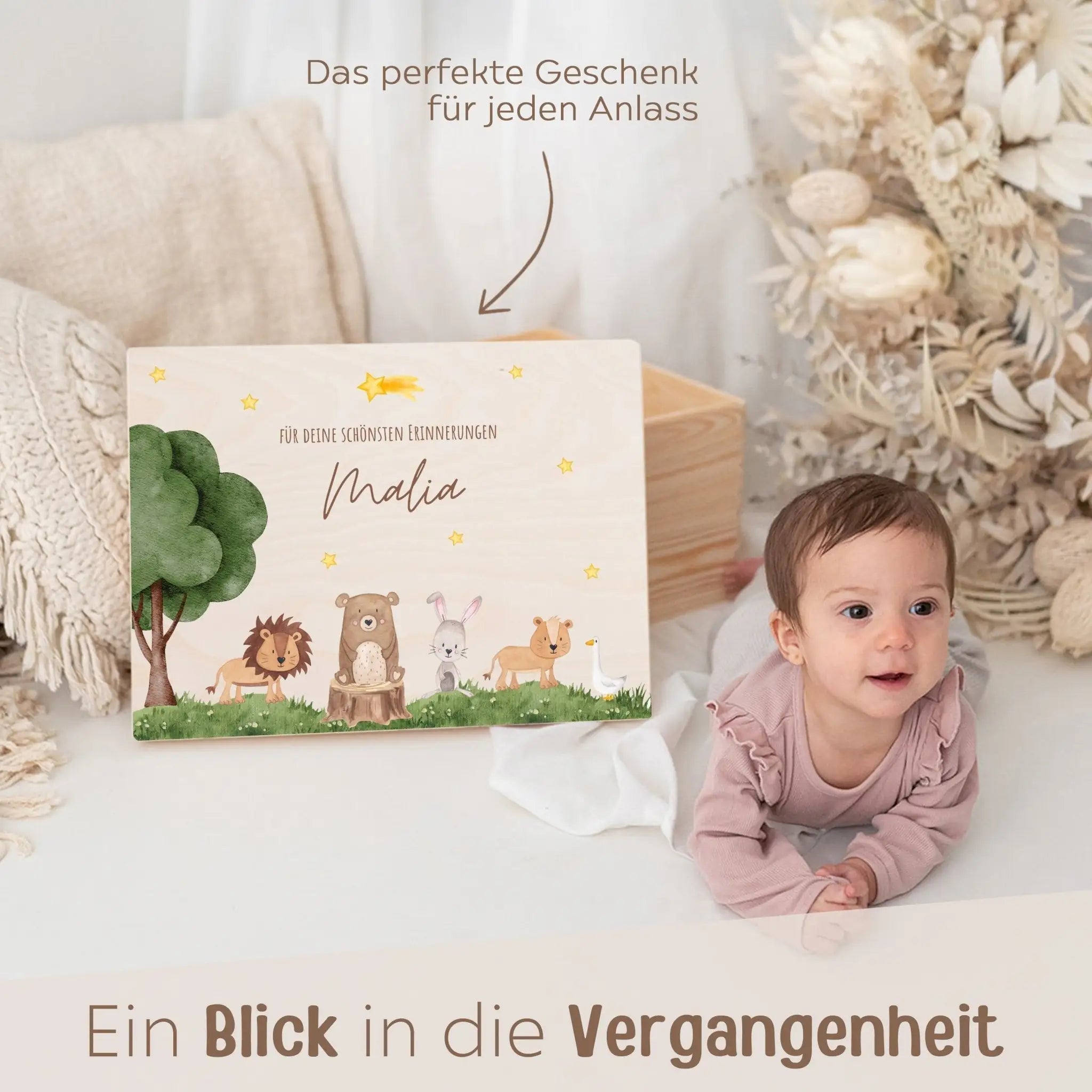 Erinnerungsbox Holz mit Wunschname – Tiere unterm Sternenhimmel Aquarell - wunderwunsch