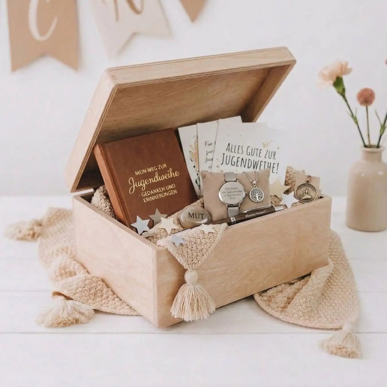 Erinnerungsbox Holz "Zur Jugendweihe" mit Wunschdaten - Blumen Aquarell - wunderwunsch