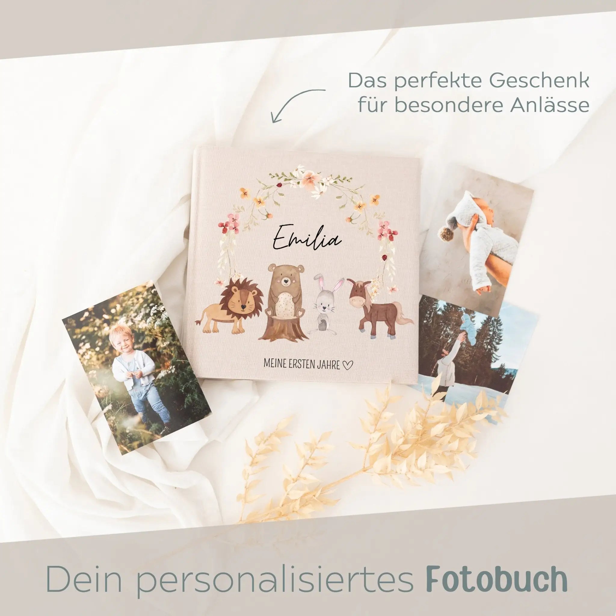Fotoalbum mit Leineneinband - Tiere Blumenkreis Aquarell - wunderwunsch