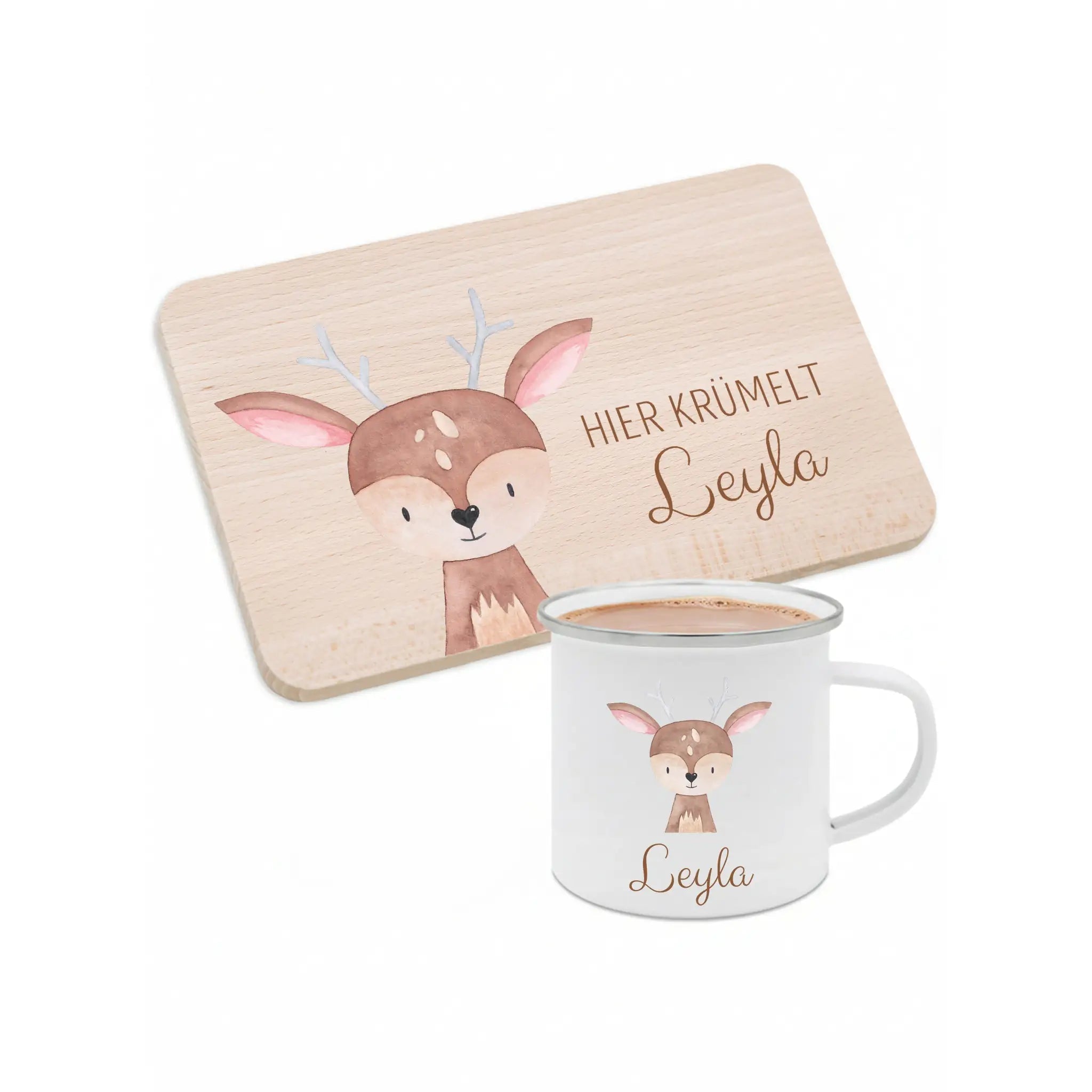 Frühstücks Bundle - Frühstücksbrettchen + Emaille Tasse personalisiert - Tier Aquarell - wunderwunsch