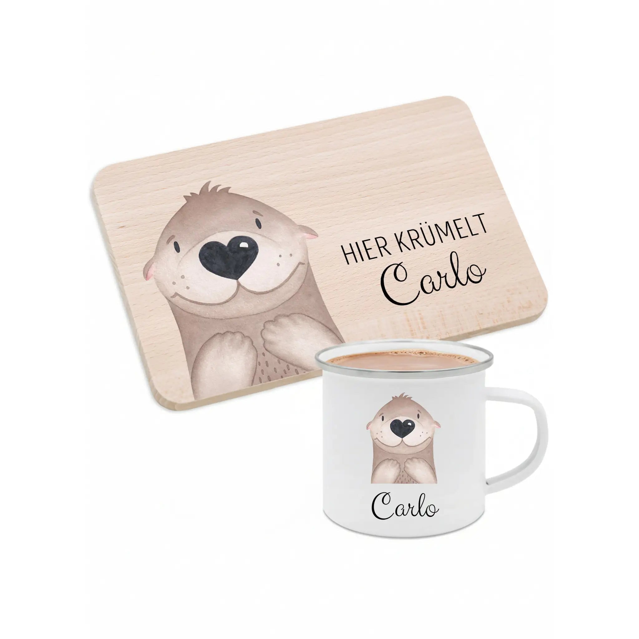 Frühstücks Bundle - Frühstücksbrettchen + Emaille Tasse personalisiert - Tier Aquarell - wunderwunsch