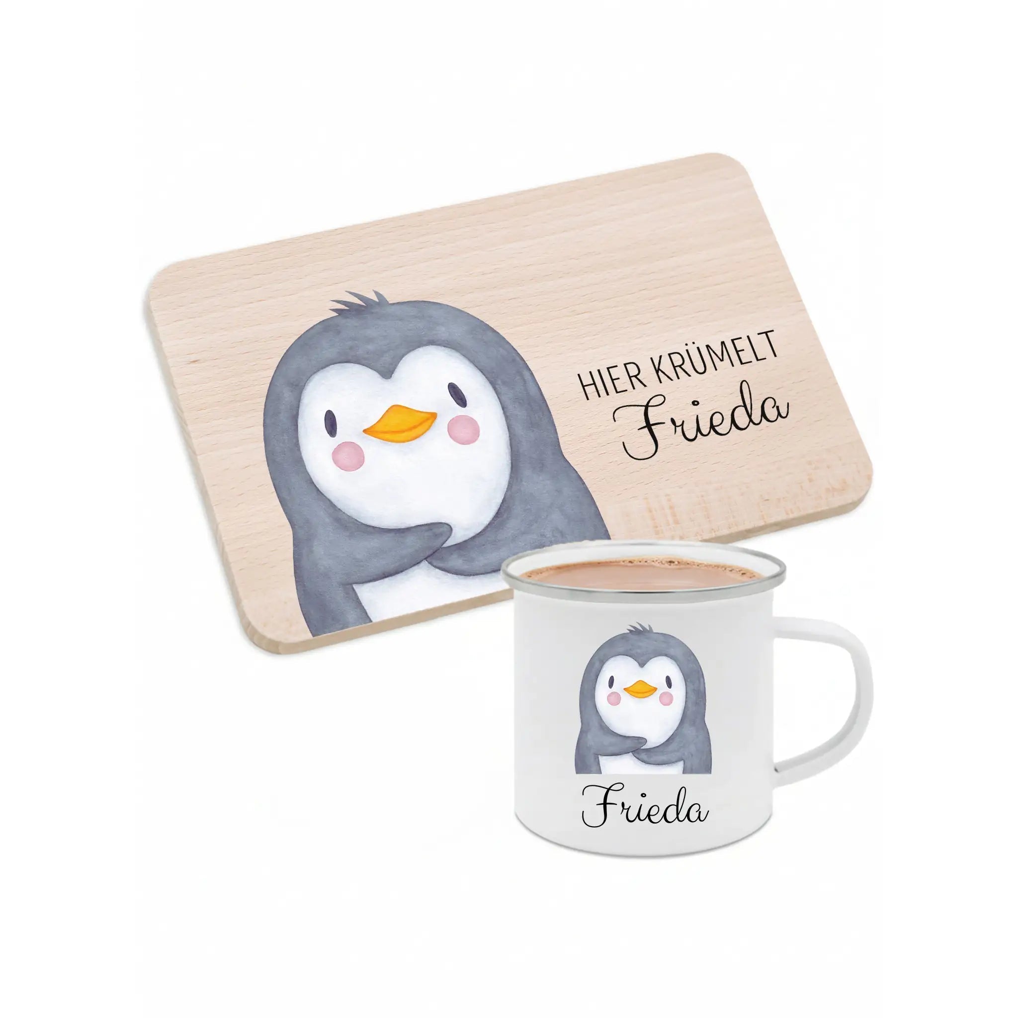 Frühstücks Bundle - Frühstücksbrettchen + Emaille Tasse personalisiert - Tier Aquarell - wunderwunsch