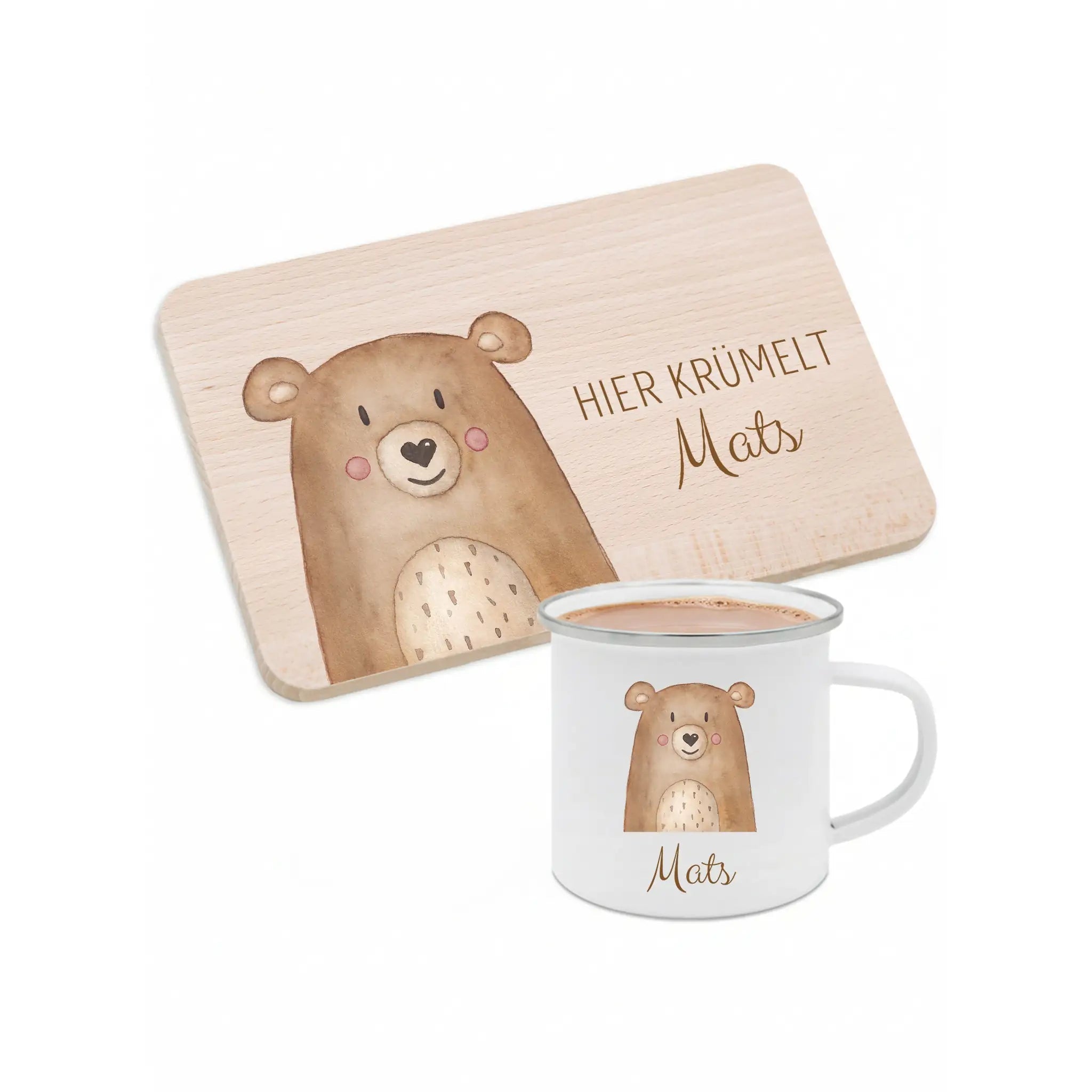 Frühstücks Bundle - Frühstücksbrettchen + Emaille Tasse personalisiert - Tier Aquarell - wunderwunsch