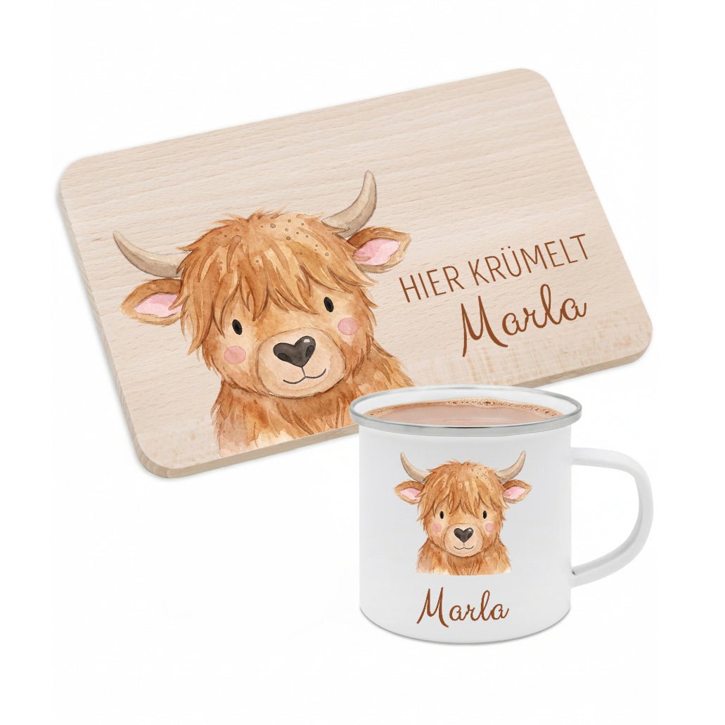 Frühstücks Bundle - Frühstücksbrettchen + Emaille Tasse personalisiert - Tier Aquarell - wunderwunsch