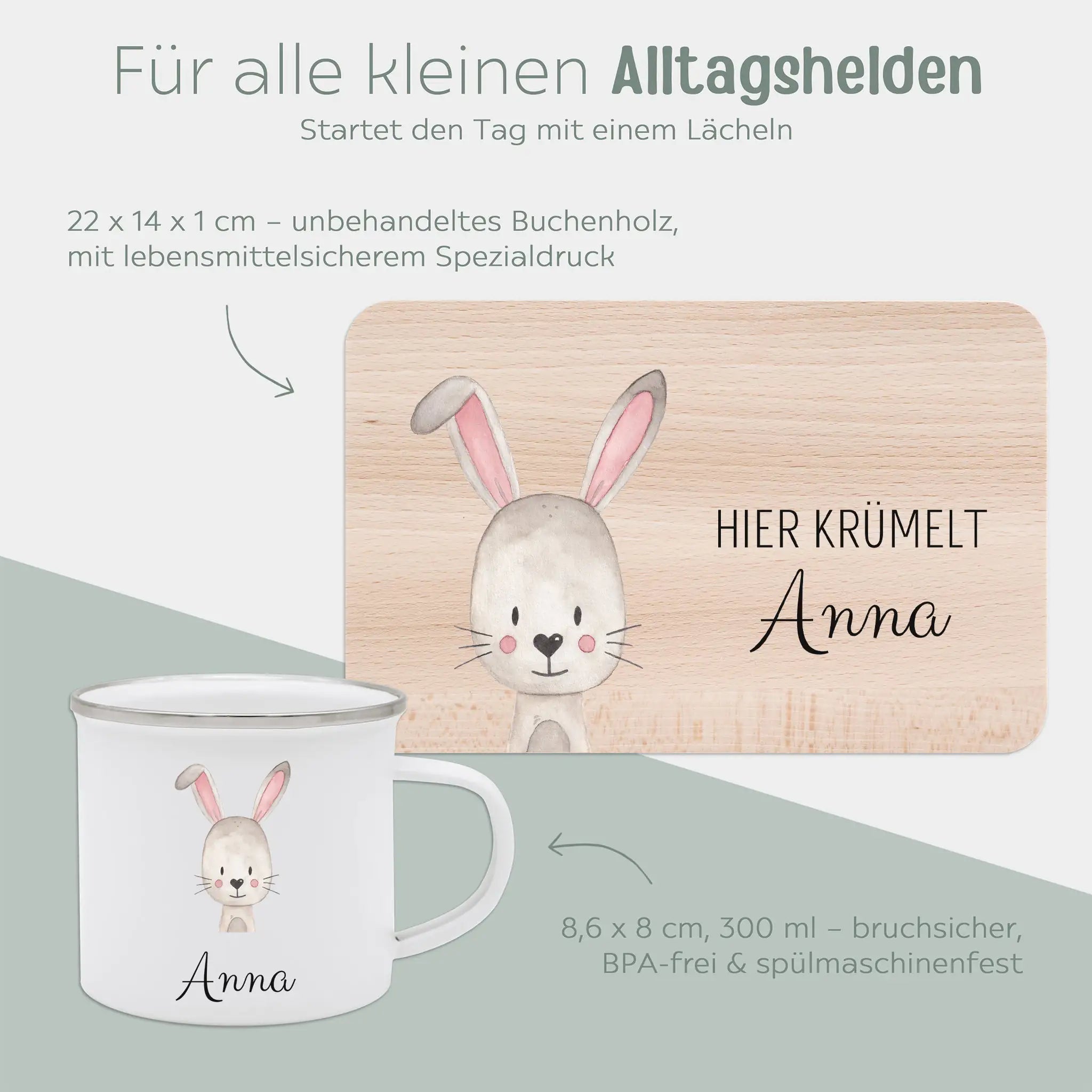 Frühstücks Bundle - Frühstücksbrettchen + Emaille Tasse personalisiert - Tier Aquarell - wunderwunsch