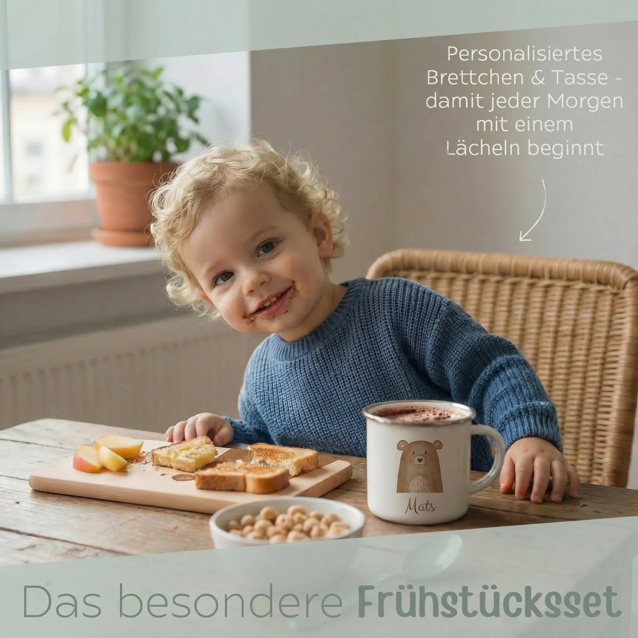 Frühstücks Bundle - Frühstücksbrettchen + Emaille Tasse personalisiert - Tier Aquarell - wunderwunsch