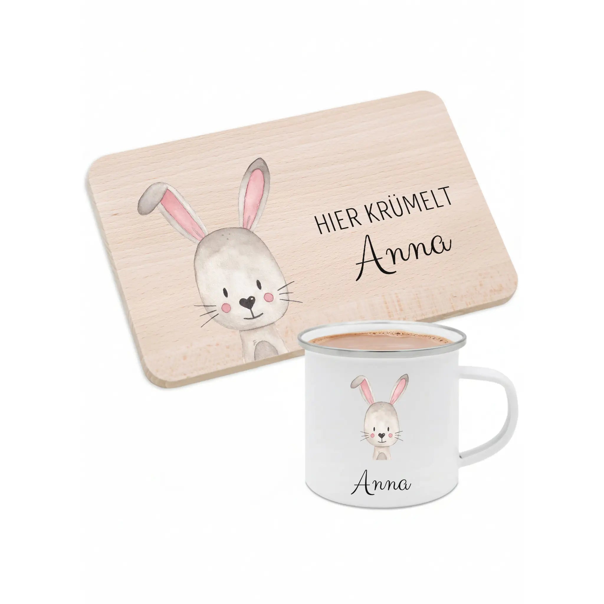 Frühstücks Bundle - Frühstücksbrettchen + Emaille Tasse personalisiert - Tier Aquarell - wunderwunsch
