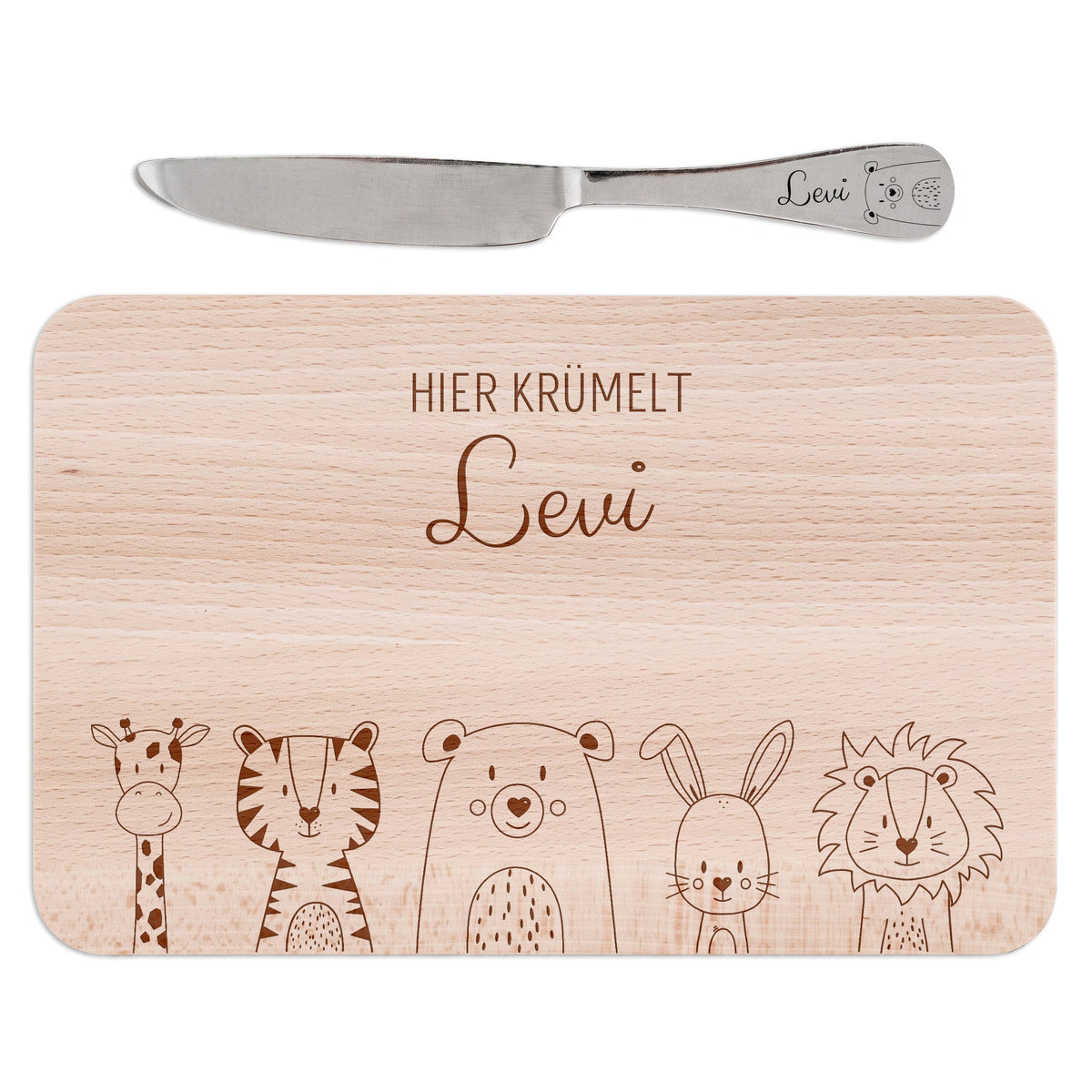 Frühstücksbrettchen mit Kindermesser personalisiert - Tiere unten Gravur - wunderwunsch