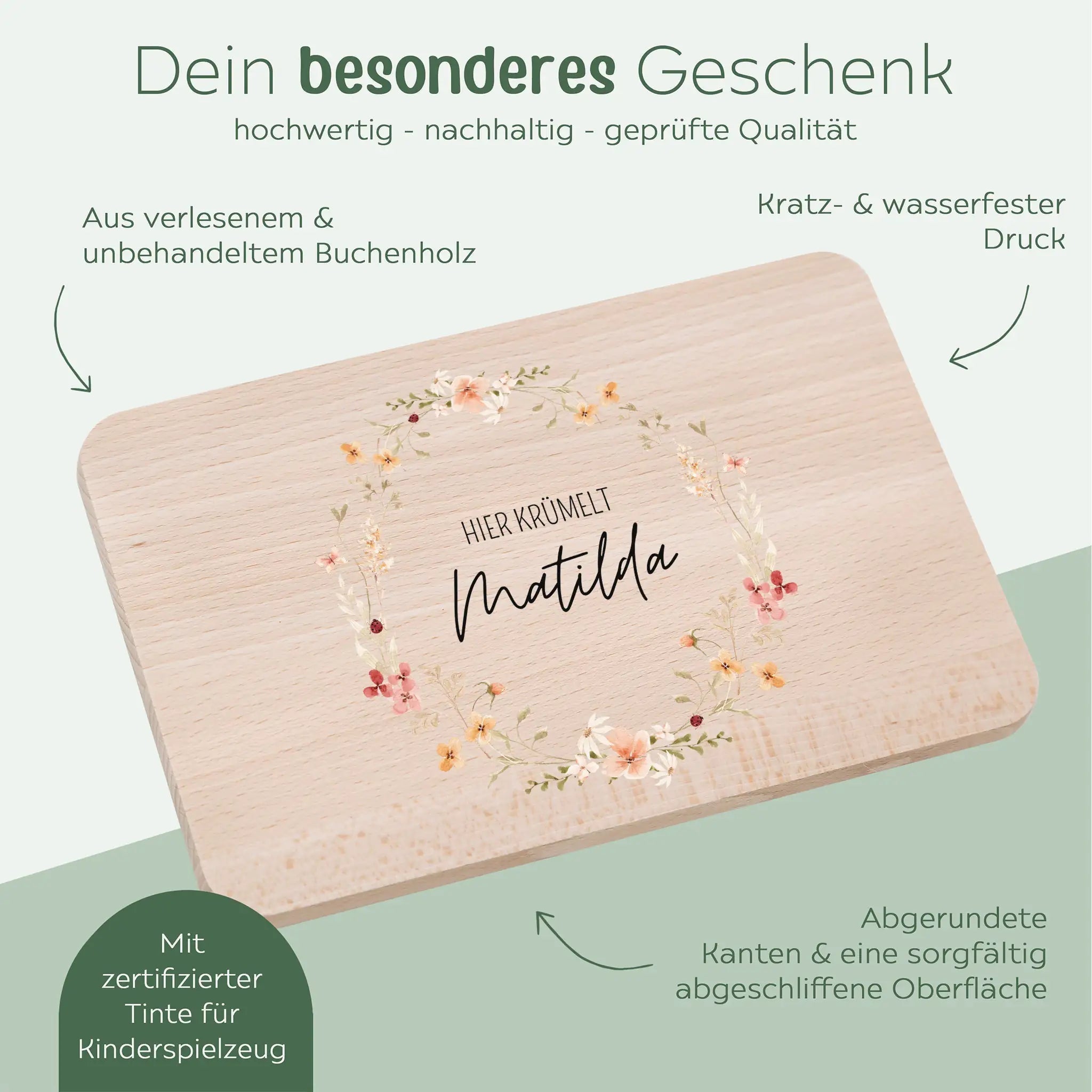 Frühstücksbrettchen personalisiert - Blumenkranz Aquarell - wunderwunsch
