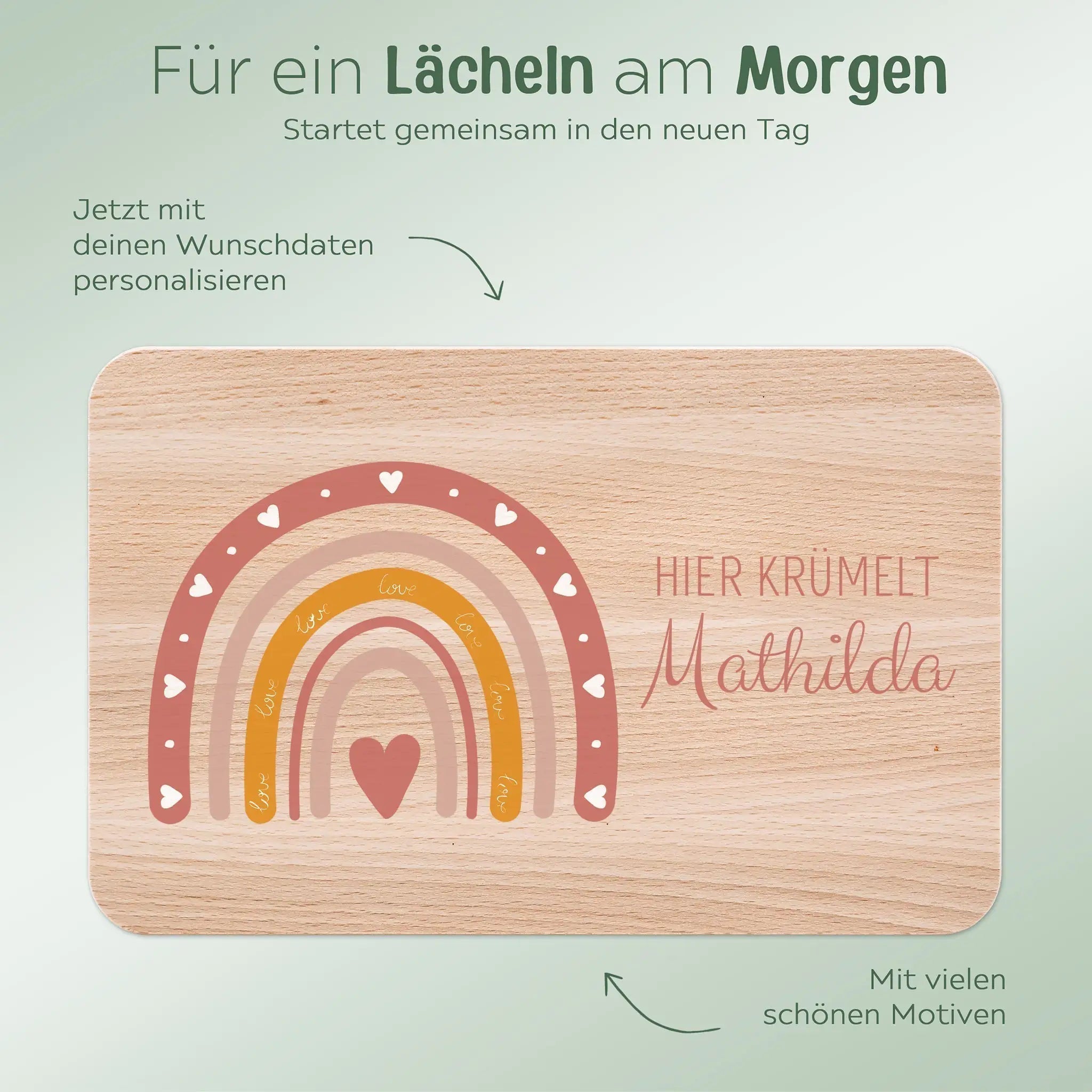 Frühstücksbrettchen personalisiert - Regenbogen Boho rosa Aquarell - wunderwunsch