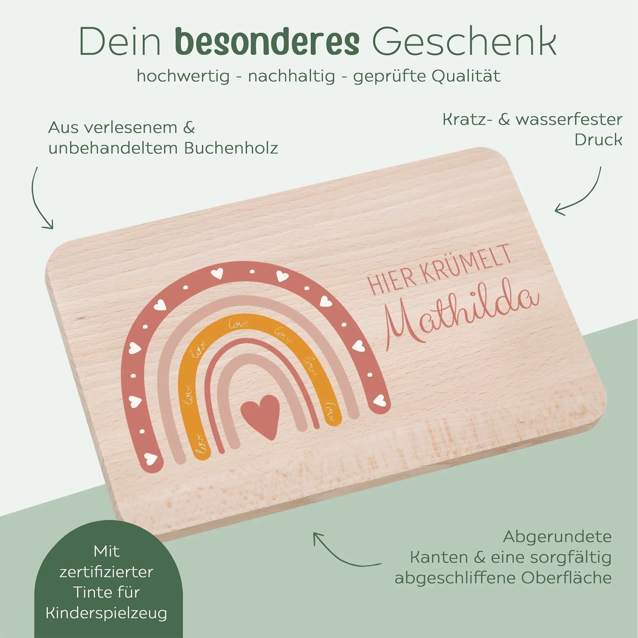 Frühstücksbrettchen personalisiert - Regenbogen Boho rosa Aquarell - wunderwunsch