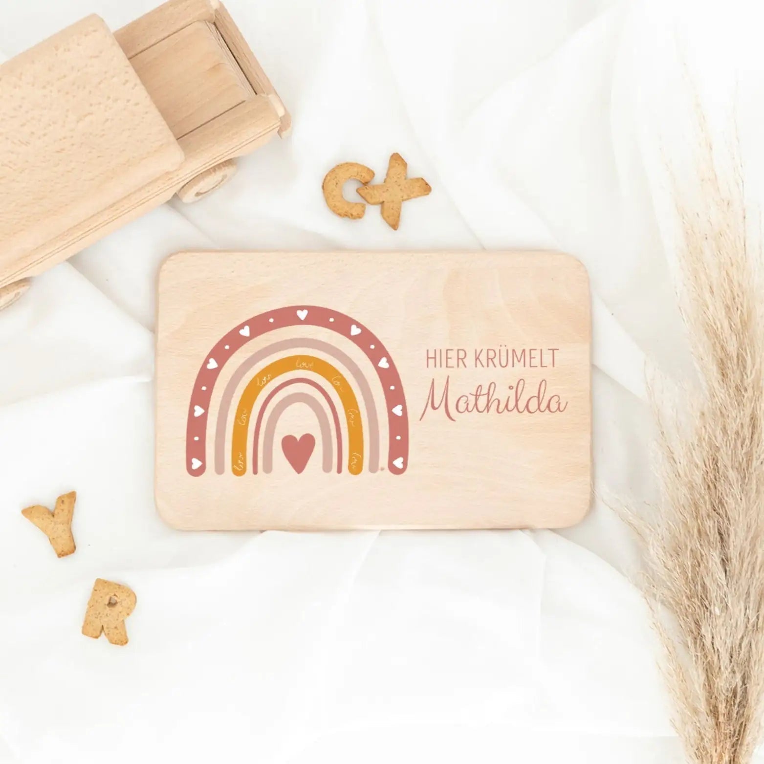 Frühstücksbrettchen personalisiert - Regenbogen Boho rosa Aquarell - wunderwunsch