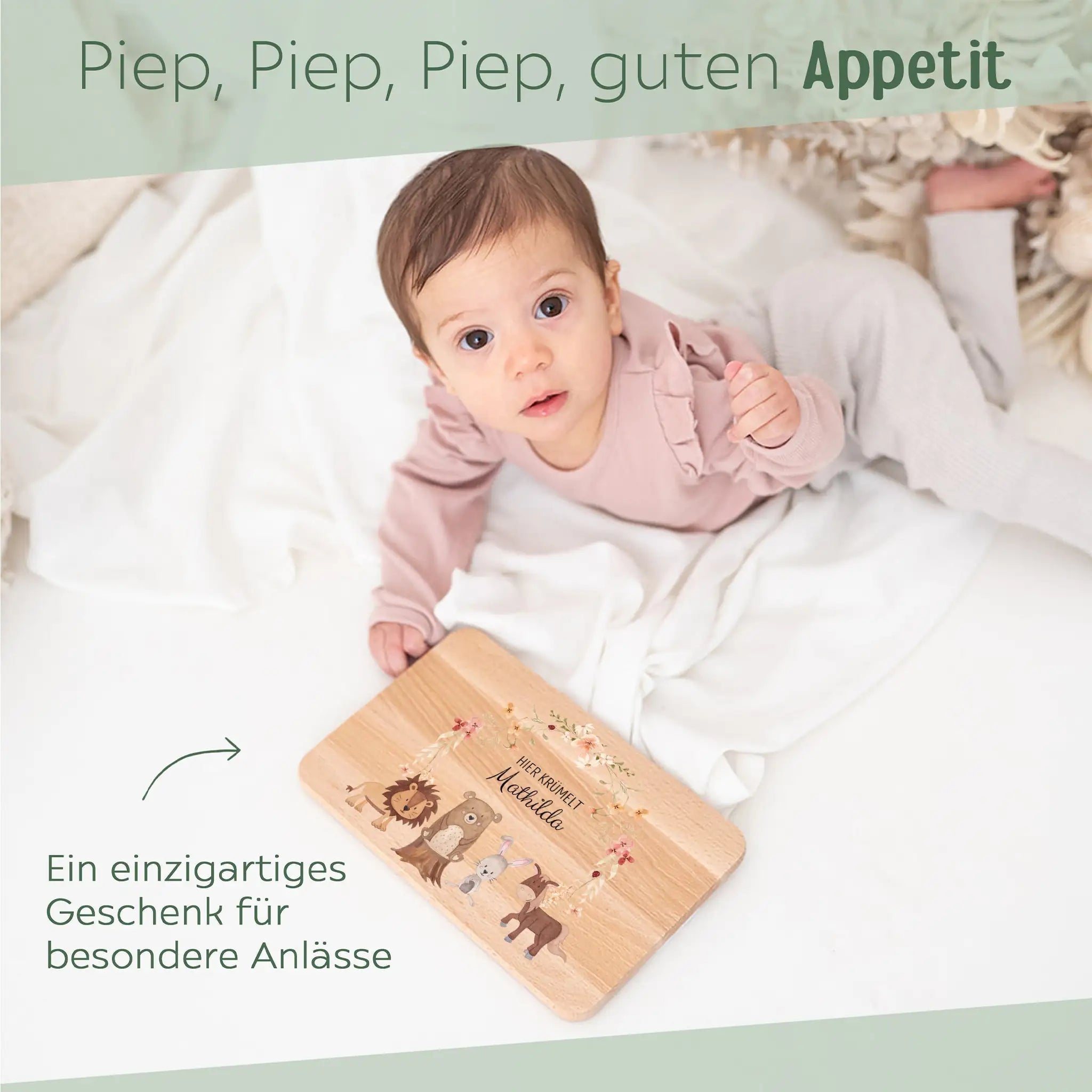 Frühstücksbrettchen personalisiert - Tiere Blumenkreis rosa Aquarell - wunderwunsch