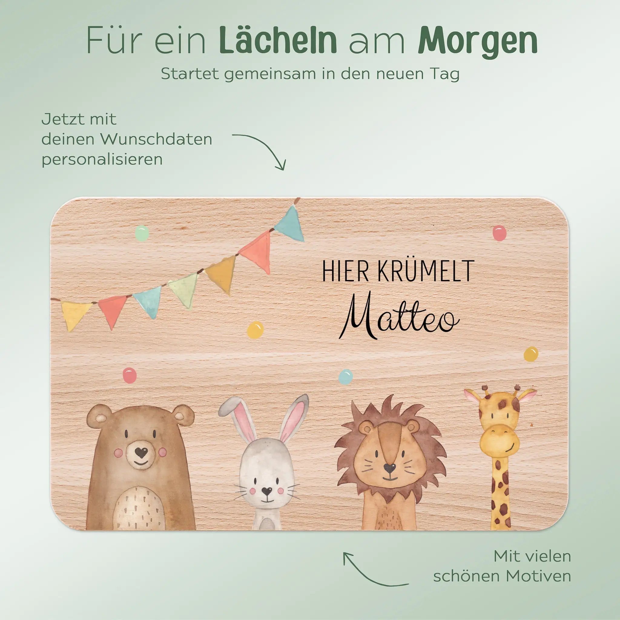 Frühstücksbrettchen personalisiert - Tiere unten Girlande Aquarell - wunderwunsch
