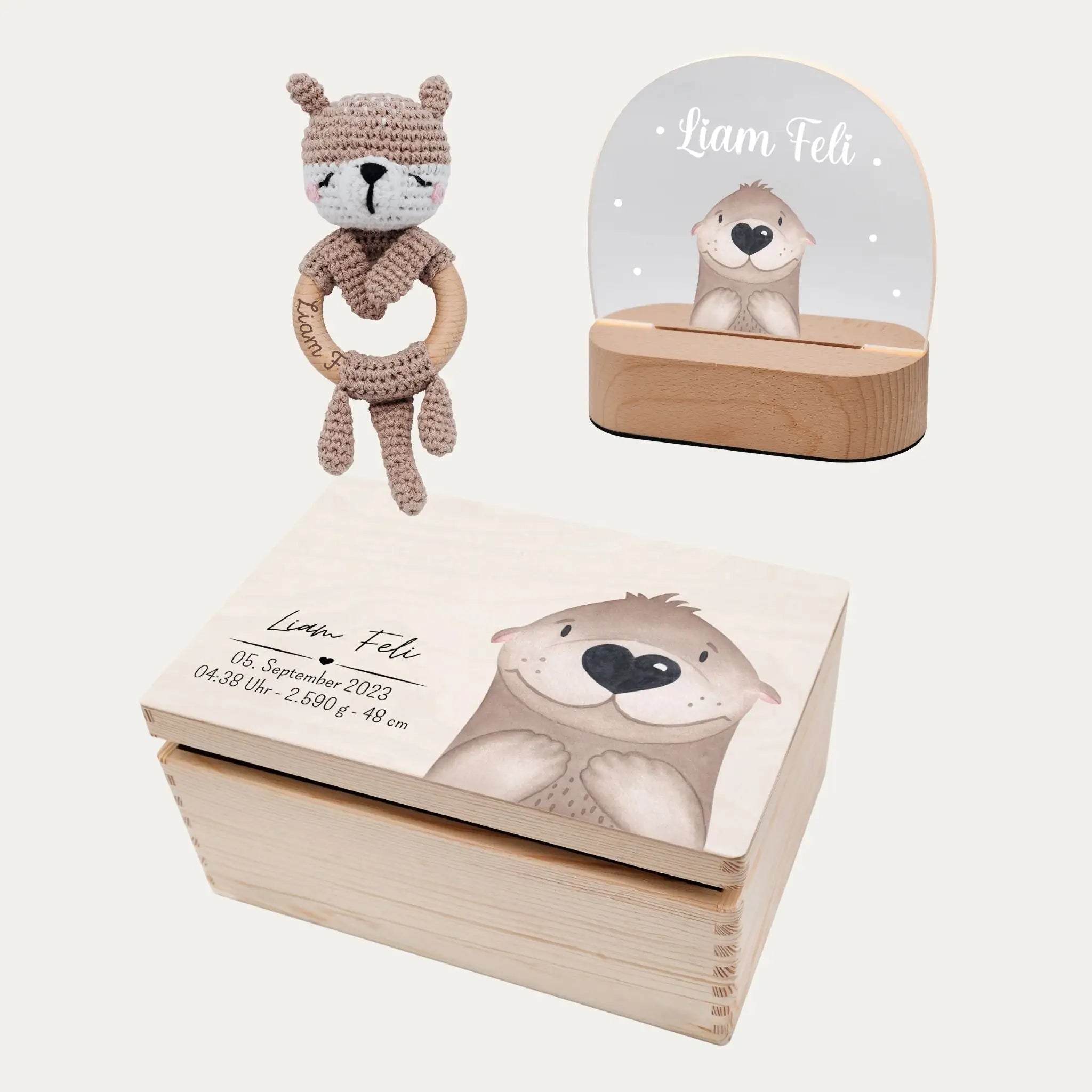 Geburts - Bundle - Erinnerungsbox Holz + LED Nachtlicht + Greifling personalisiert - Tier Aquarell - wunderwunsch