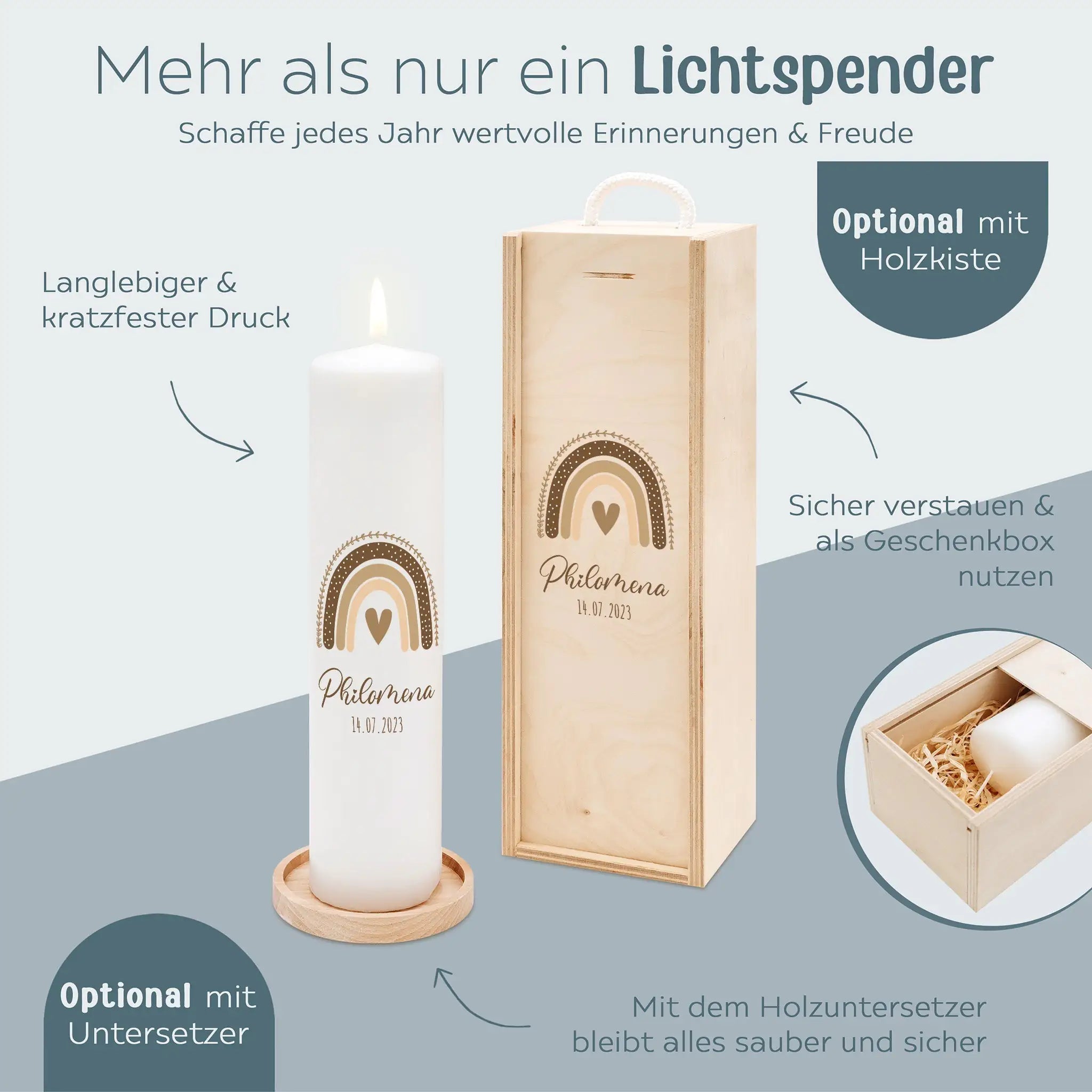 Geburtskerze personalisiert - Regenbogen Boho beige Aquarell - wunderwunsch