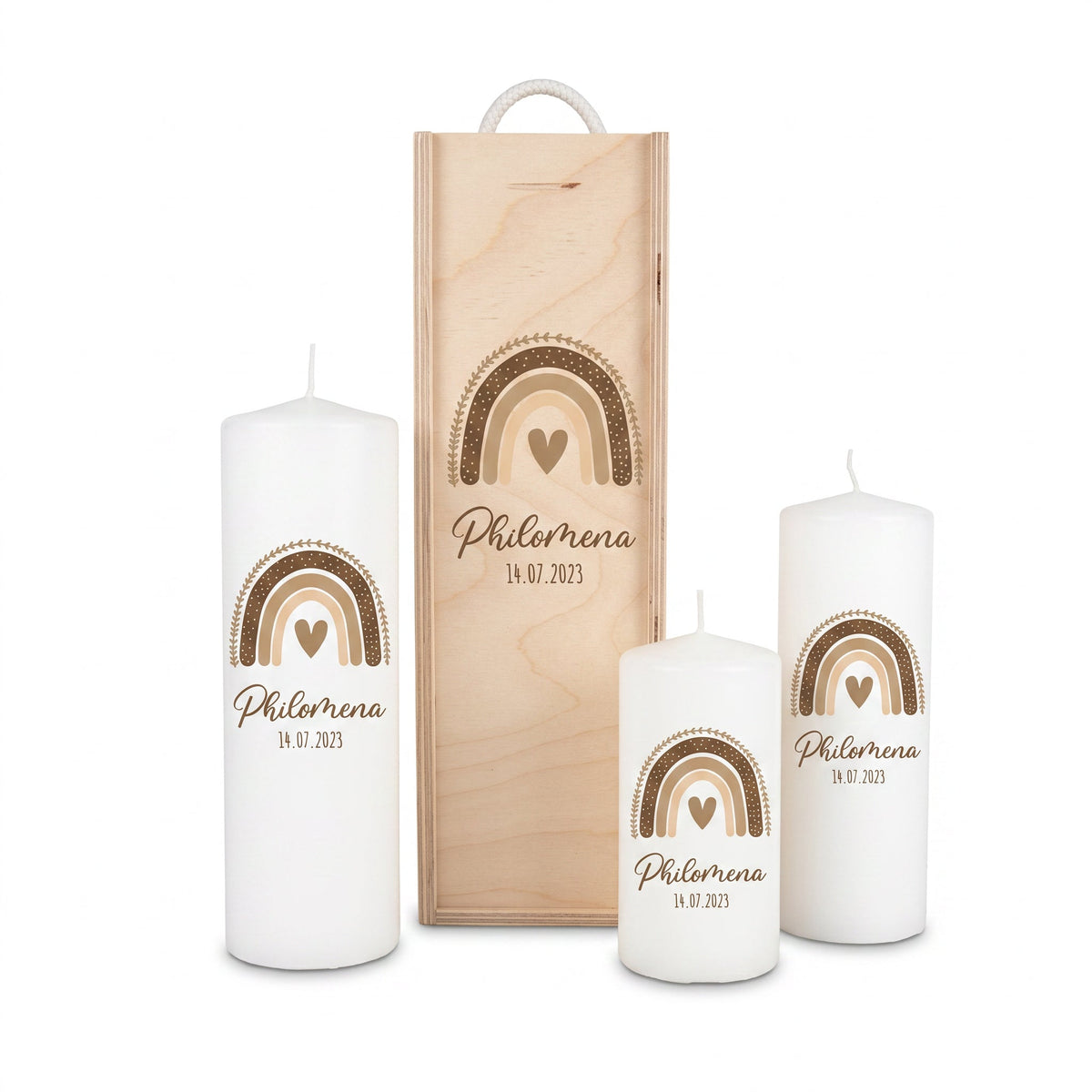 Geburtskerze personalisiert - Regenbogen Boho beige Aquarell - wunderwunsch