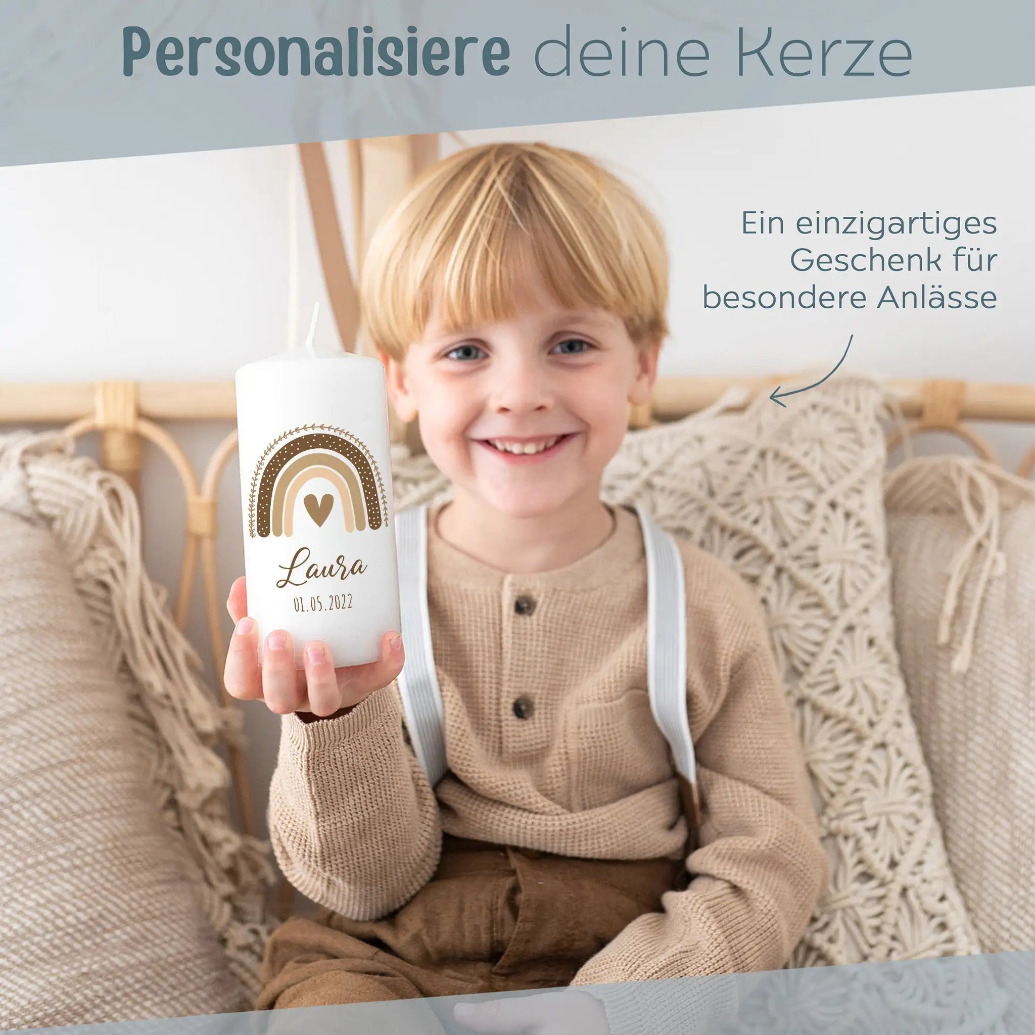 Geburtskerze personalisiert - Regenbogen Boho beige Aquarell - wunderwunsch