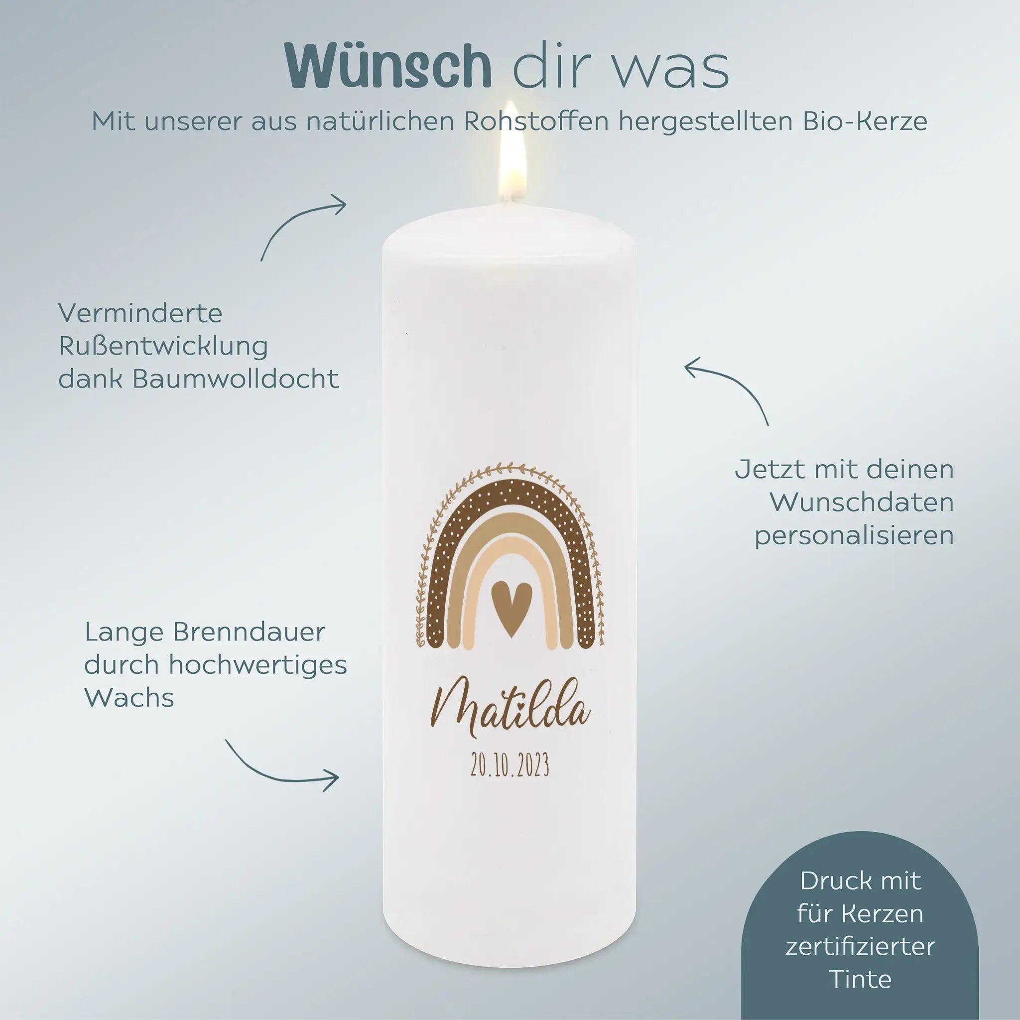 Geburtskerze personalisiert - Regenbogen Boho beige Aquarell - wunderwunsch