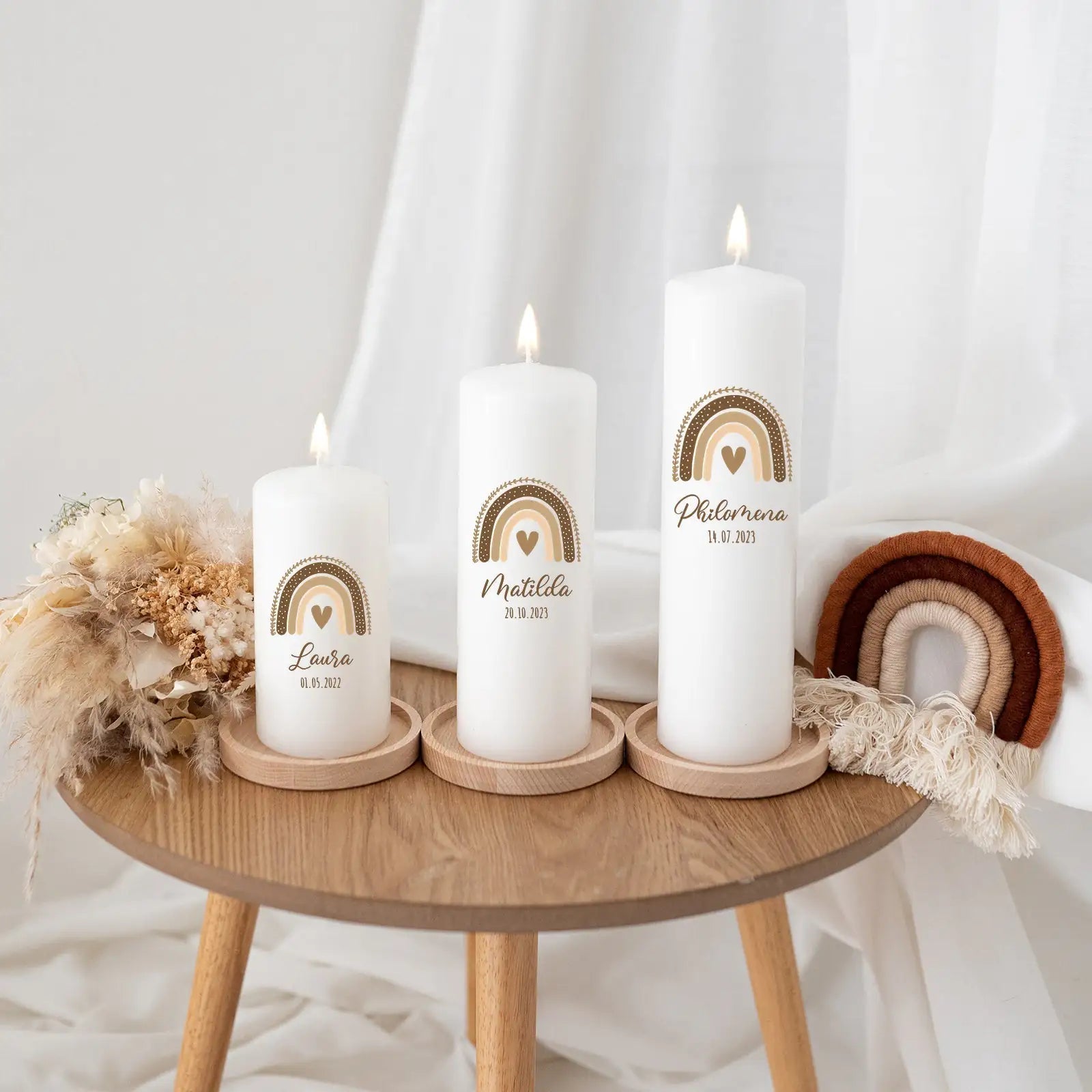 Geburtskerze personalisiert - Regenbogen Boho beige Aquarell - wunderwunsch