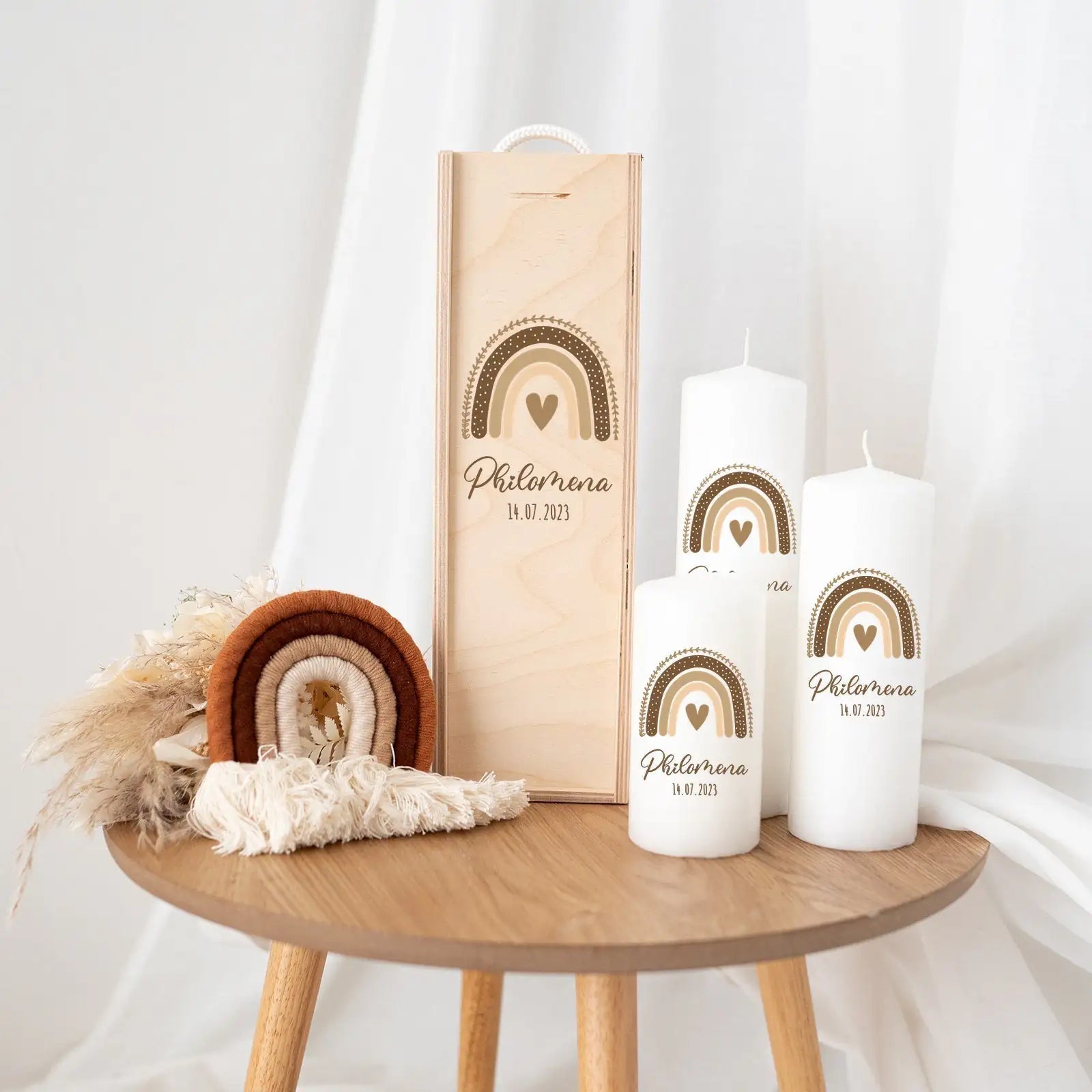 Geburtskerze personalisiert - Regenbogen Boho beige Aquarell - wunderwunsch