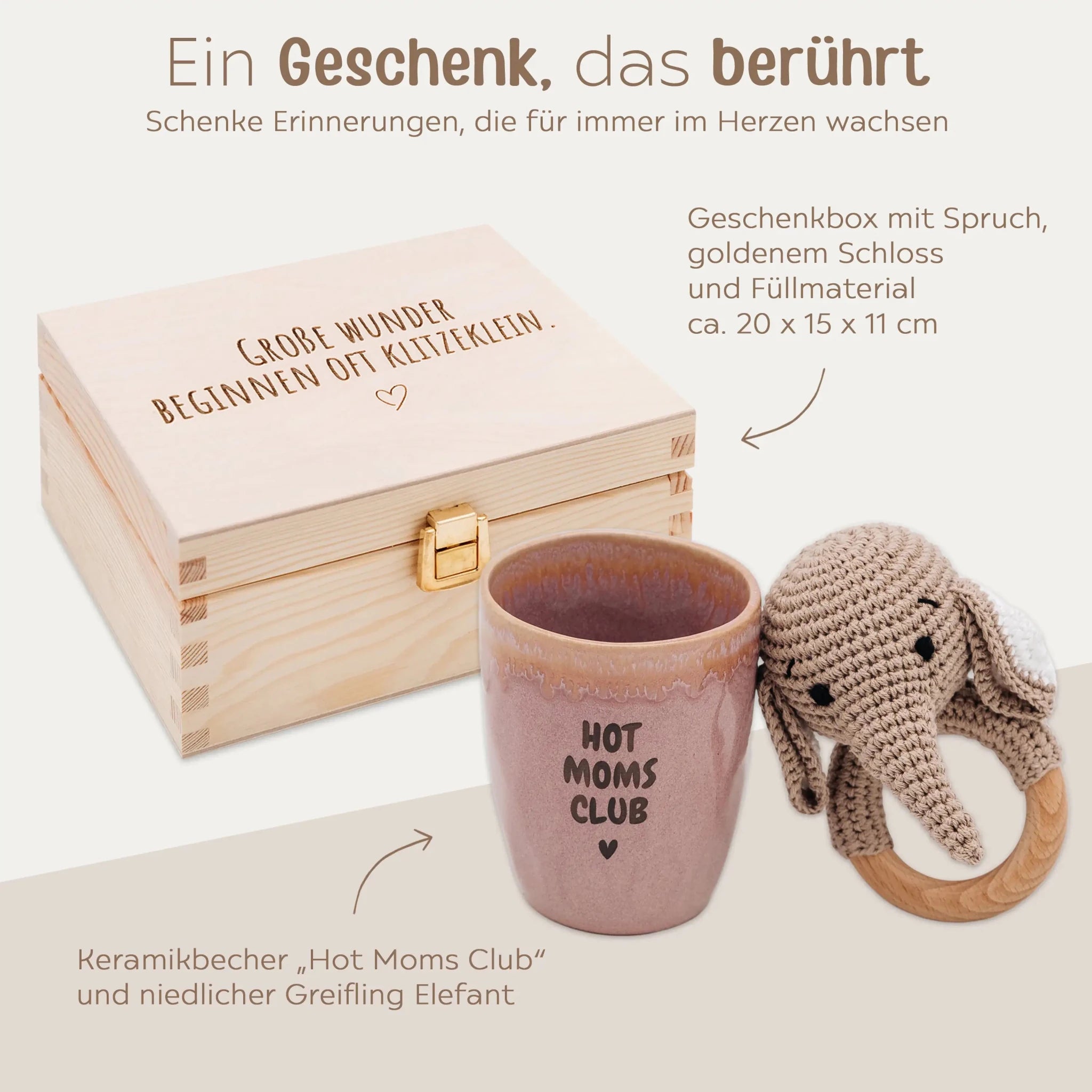 Geschenkbox Babyshower - Elefant Greifling + Hot Moms Club Becher - wunderwunsch