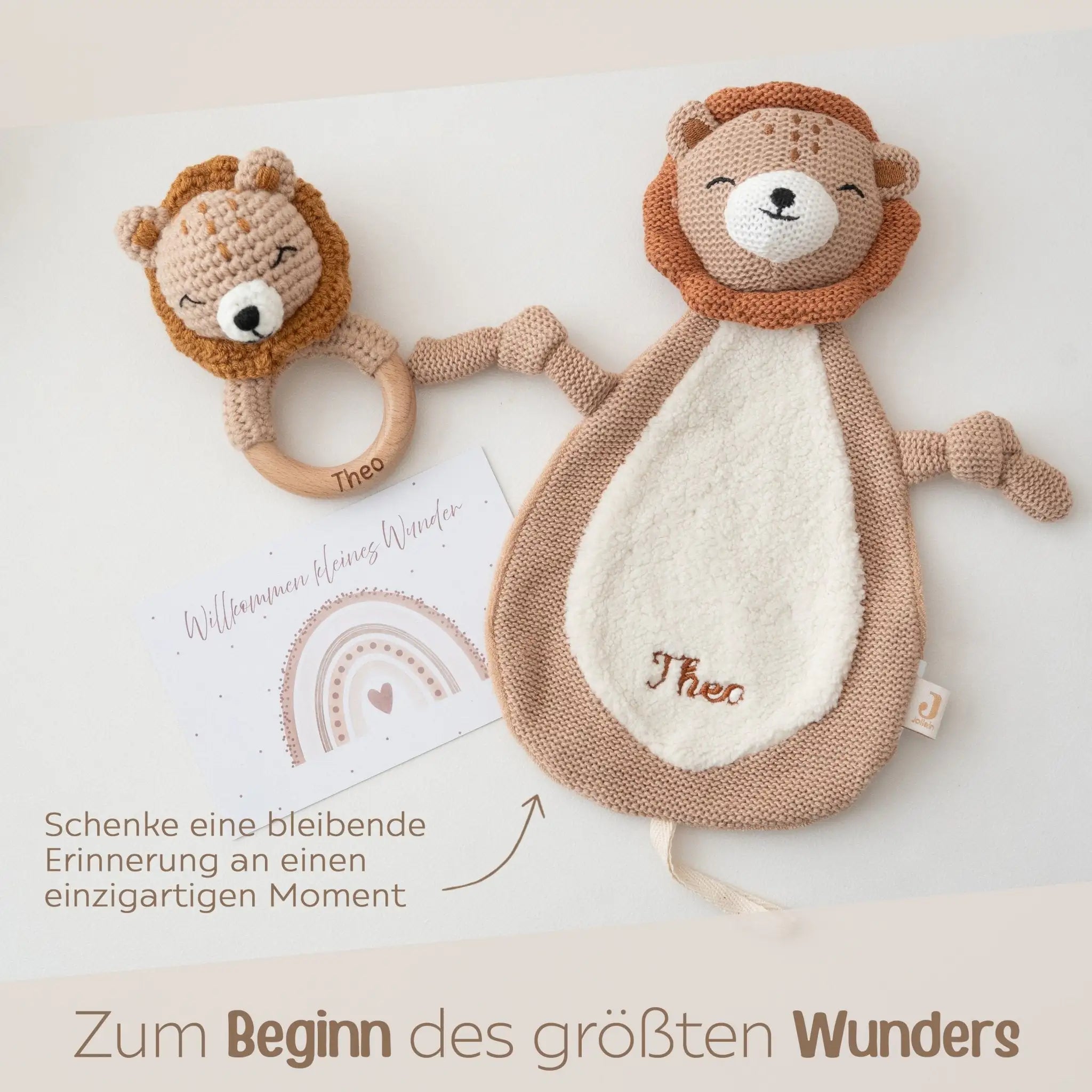 Geschenkbox Geburt - Löwe Greifling + Schmusetuch + Postkarte - wunderwunsch