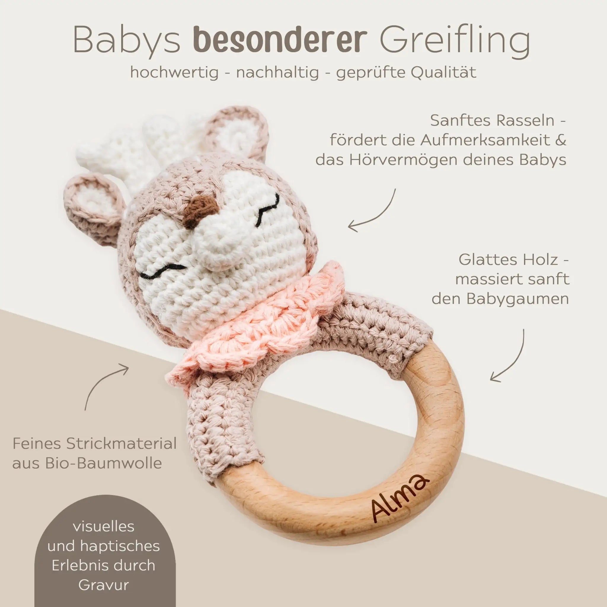 Greifling Reh mit rosa Kragen personalisiert - wunderwunsch