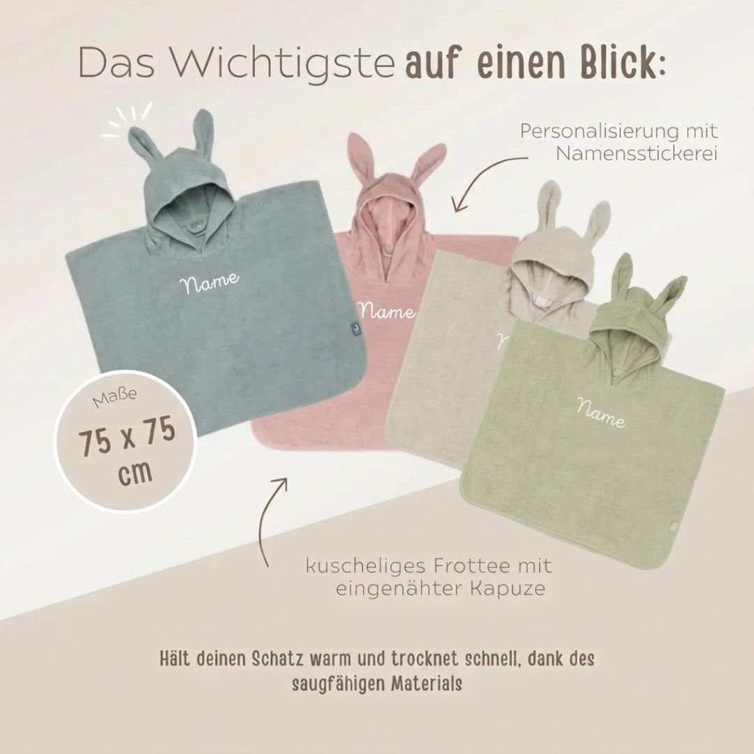 JOLLEIN Baby Badeponcho Frottee mit Ohren personalisiert - wunderwunsch