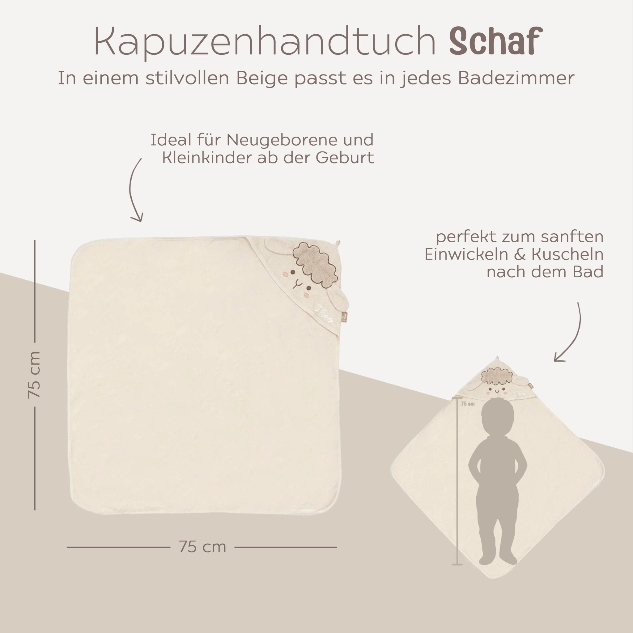 JOLLEIN Baby Kapuzenhandtuch Frottee personalisiert - Hippo, Schaf, Strauß - wunderwunsch