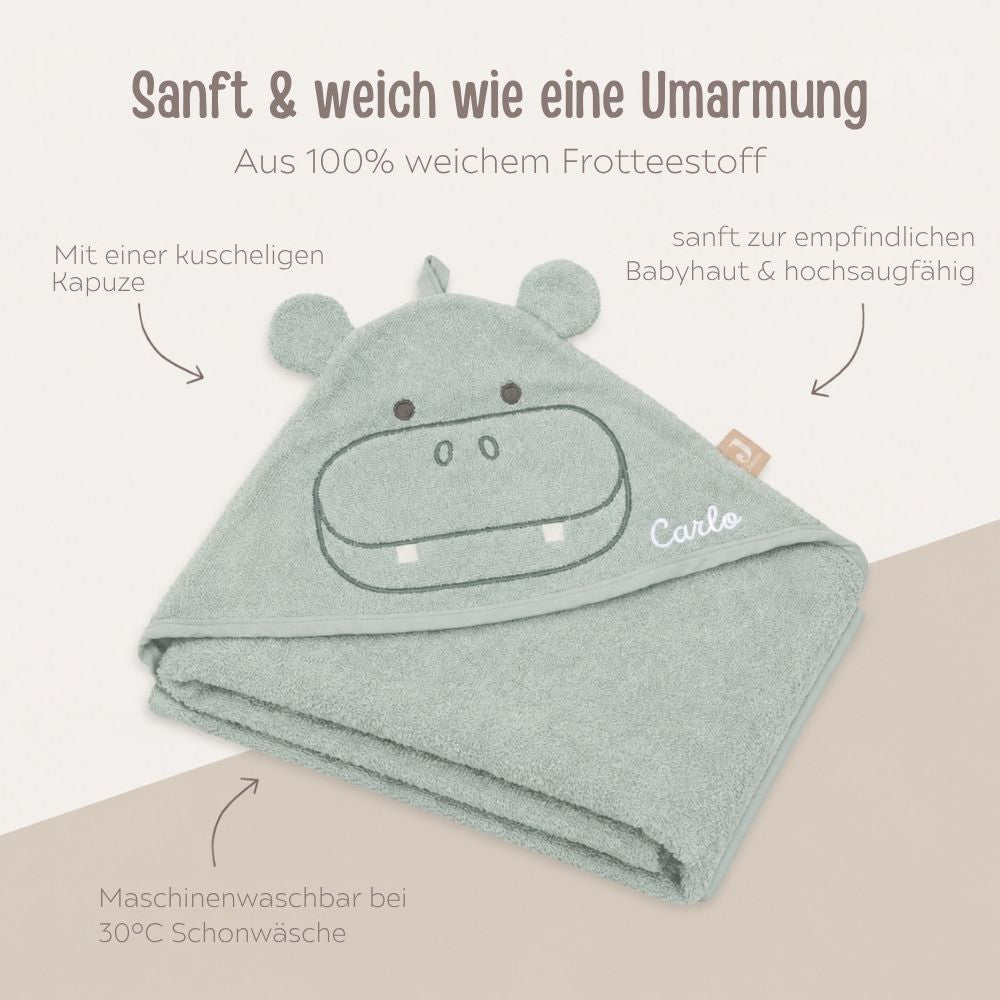 JOLLEIN Baby Kapuzenhandtuch Frottee personalisiert - Hippo, Schaf, Strauß - wunderwunsch
