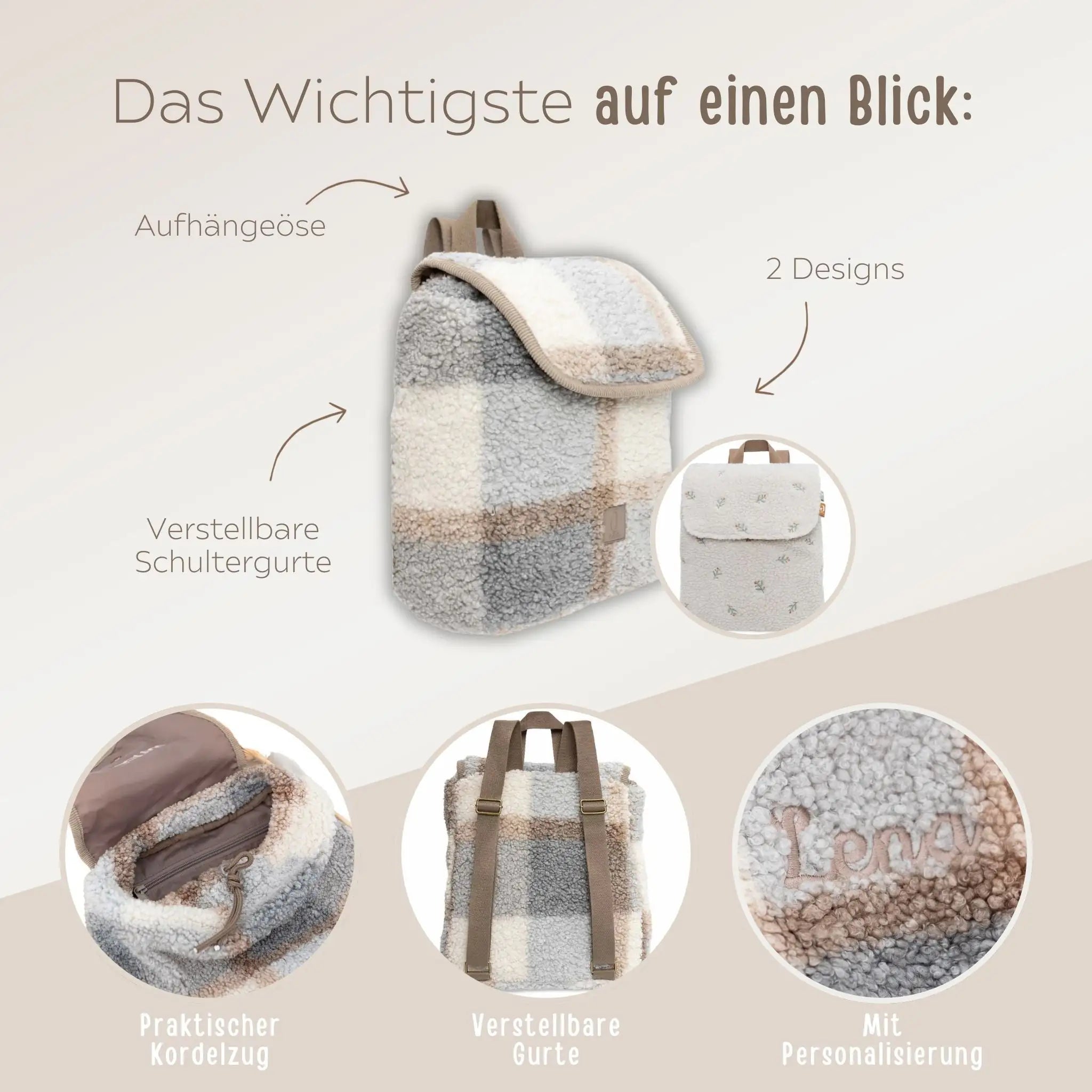 JOLLEIN Kinder Tagesrucksack personalisiert - Zweige oder Kariert - wunderwunsch