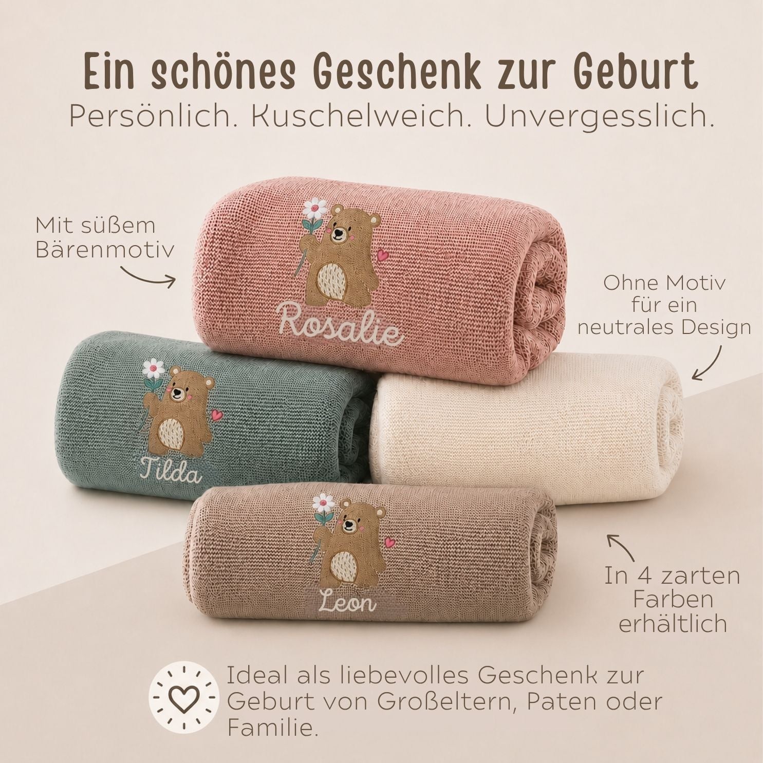 JOLLEIN Strickdecke personalisiert - Bär mit Blume - wunderwunsch
