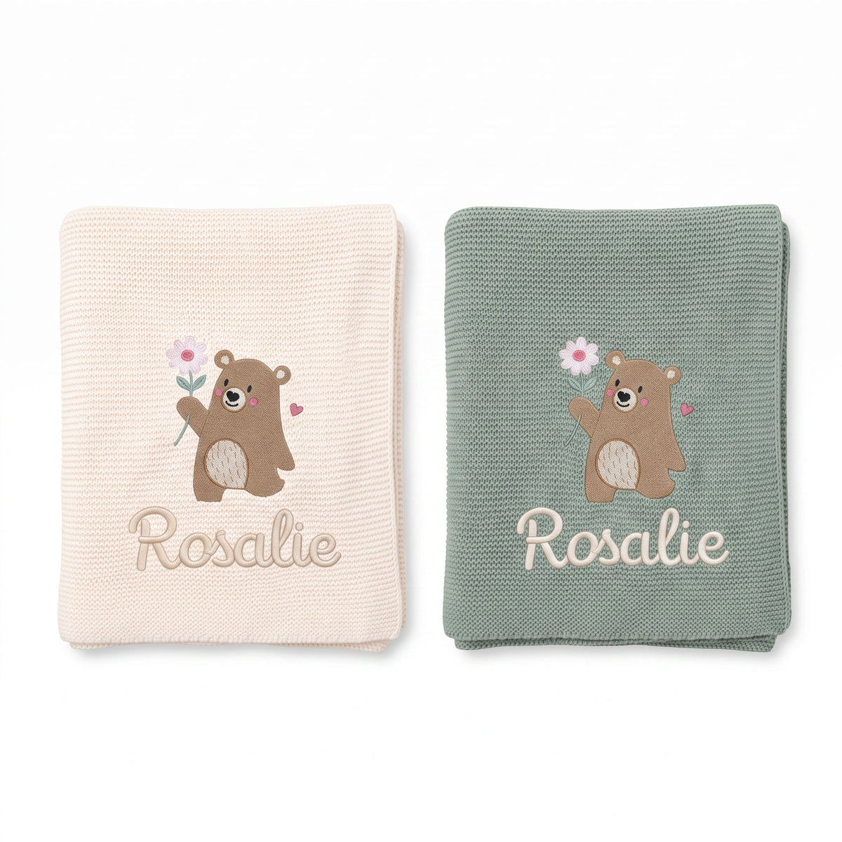 JOLLEIN Strickdecke personalisiert - Bär mit Blume - wunderwunsch