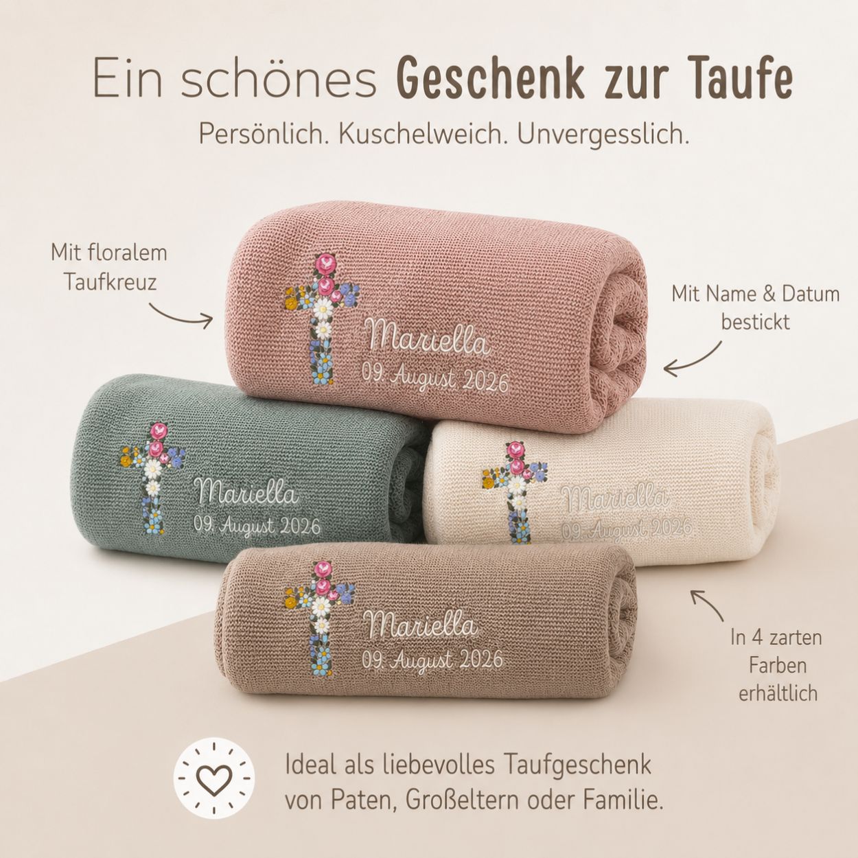 JOLLEIN Strickdecke personalisiert - Blumenkreuz - wunderwunsch