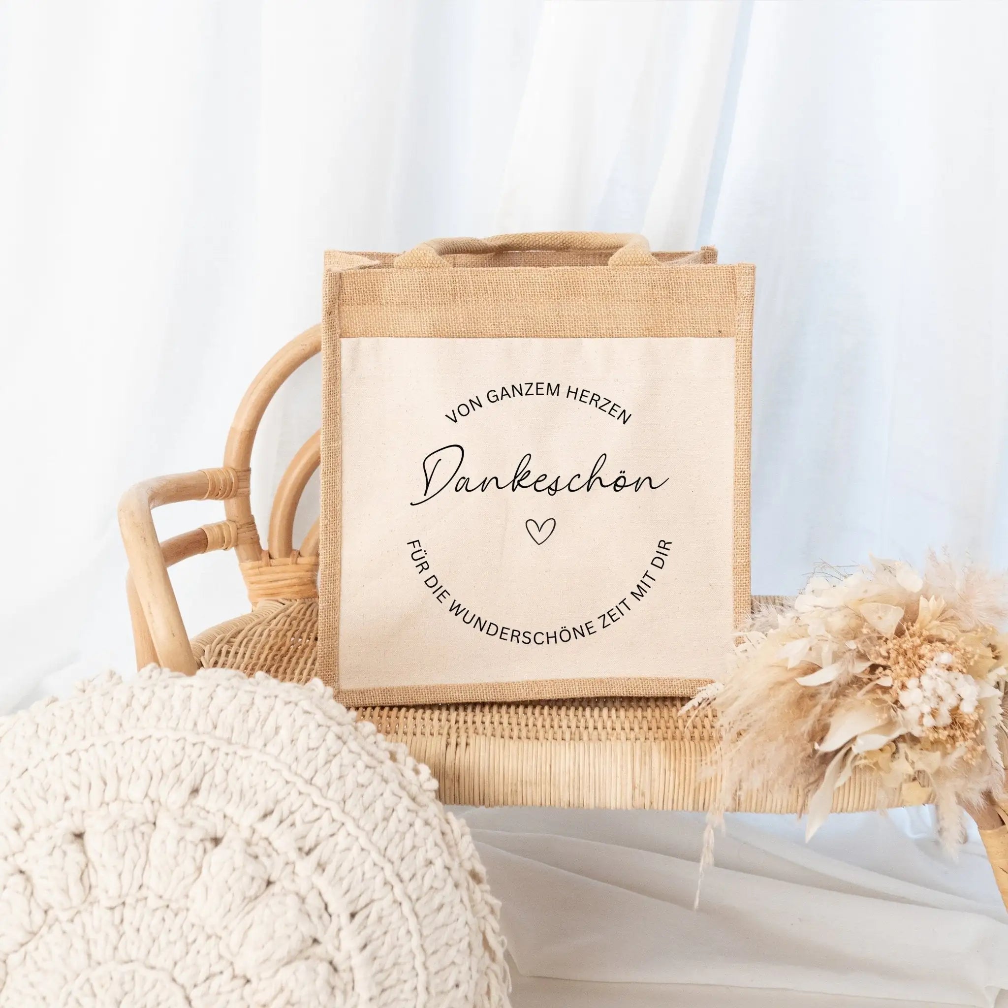Jutetasche mit Stoffbesatz - Dankeschön von Herzen - wunderwunsch