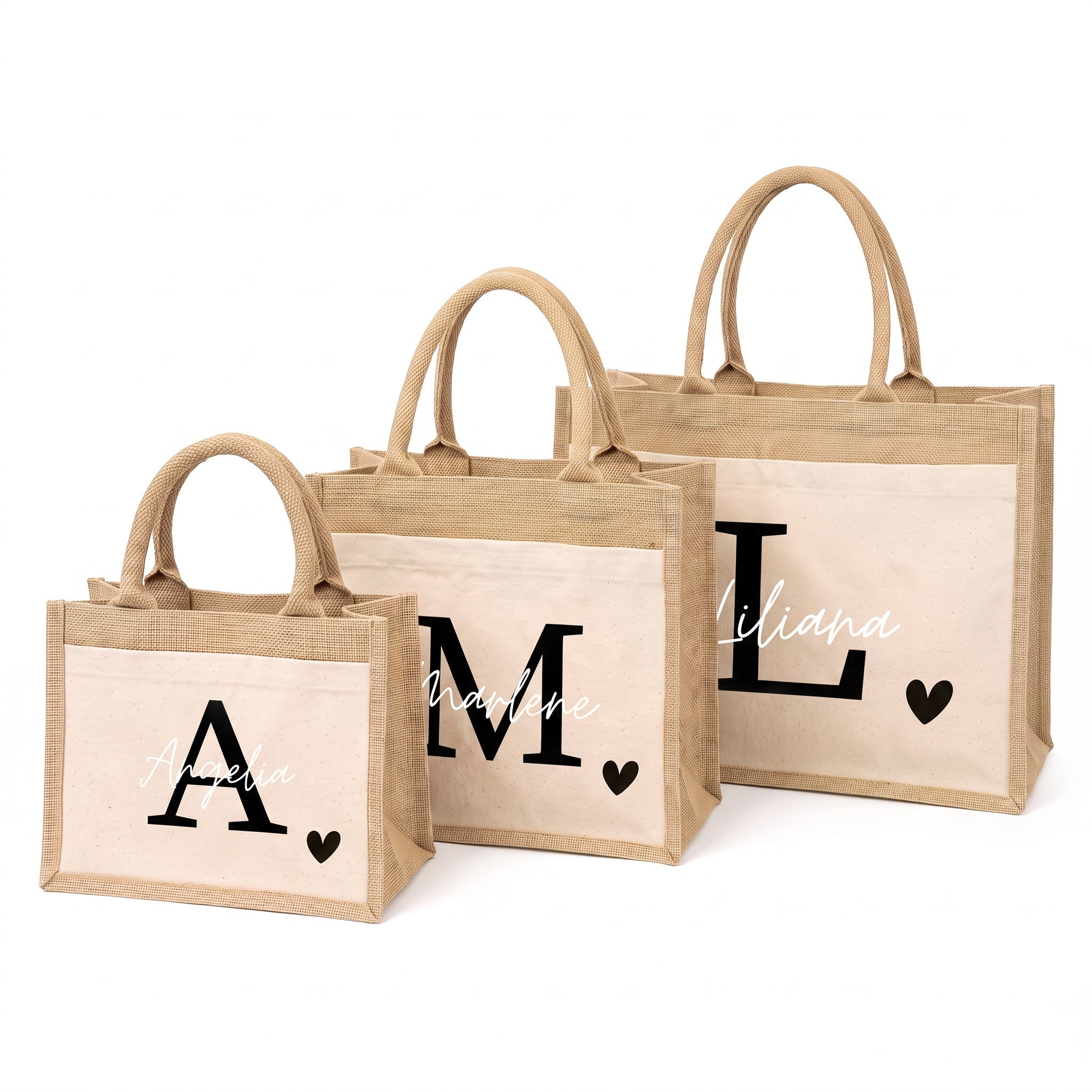 Jutetasche mit Stoffbesatz - Initial Name Herz - wunderwunsch