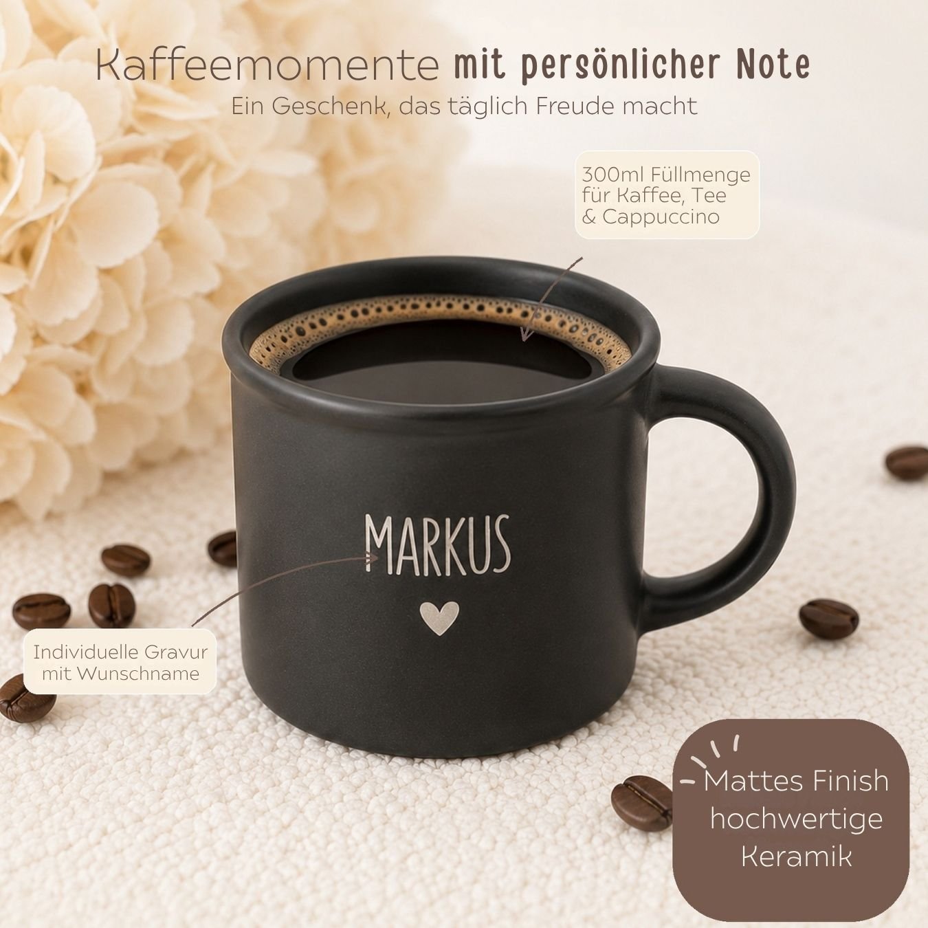 Kaffeetasse Keramik 300ml - Name und Herz - wunderwunsch