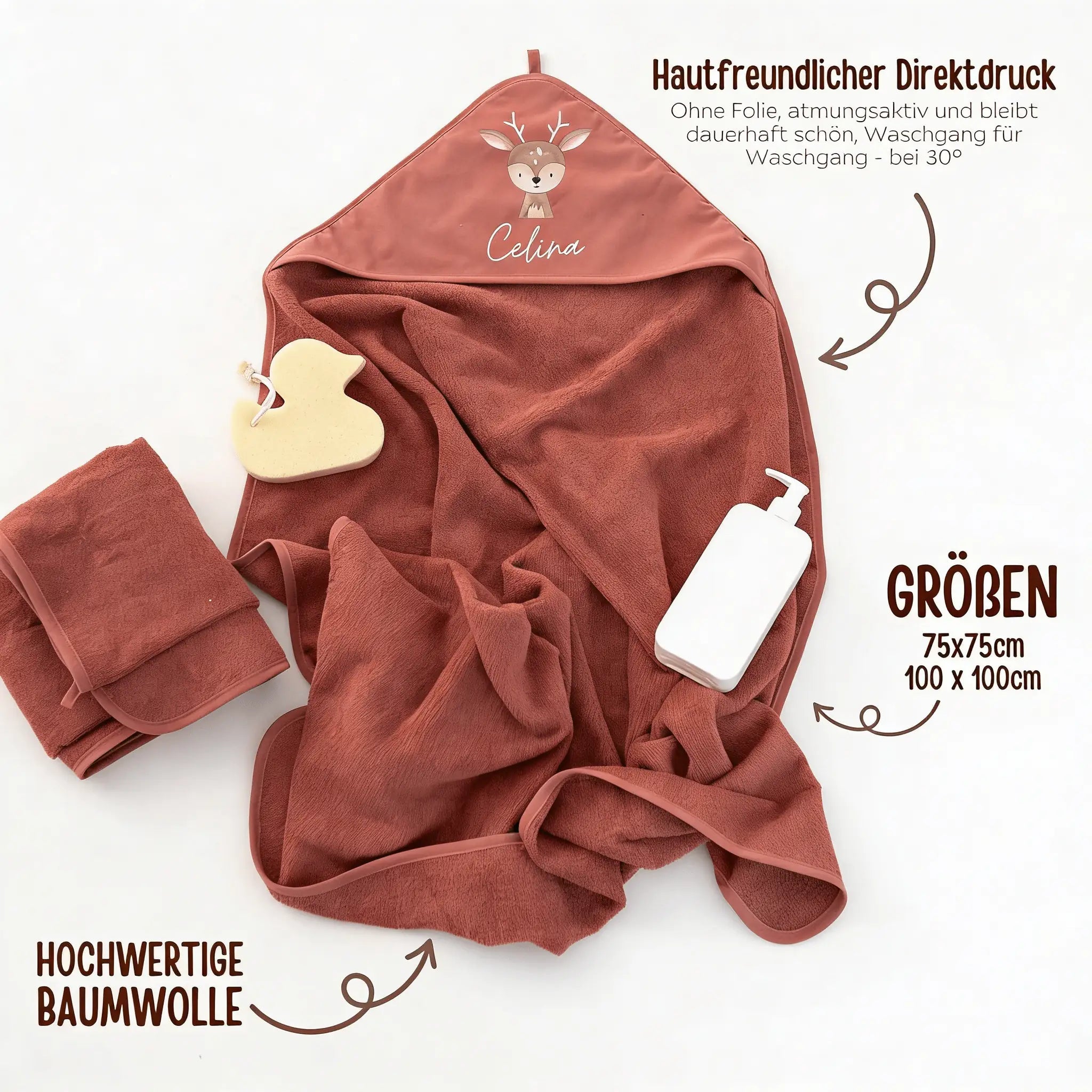 Kapuzenhandtuch Baumwolle "Tier" (geschwungene Schrift) personalisiert - wunderwunsch