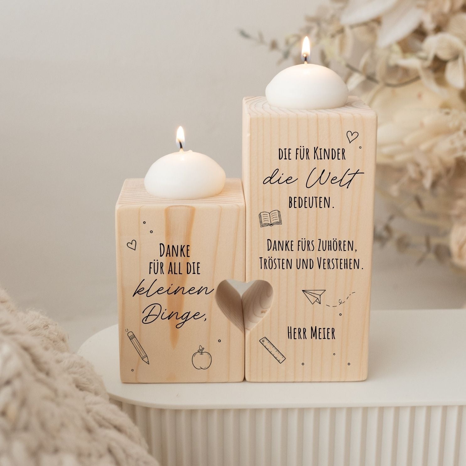 Kerzenhalter aus Holz mit Herz personalisiert - Dankeschön für Lehrer & Erzieher - wunderwunsch