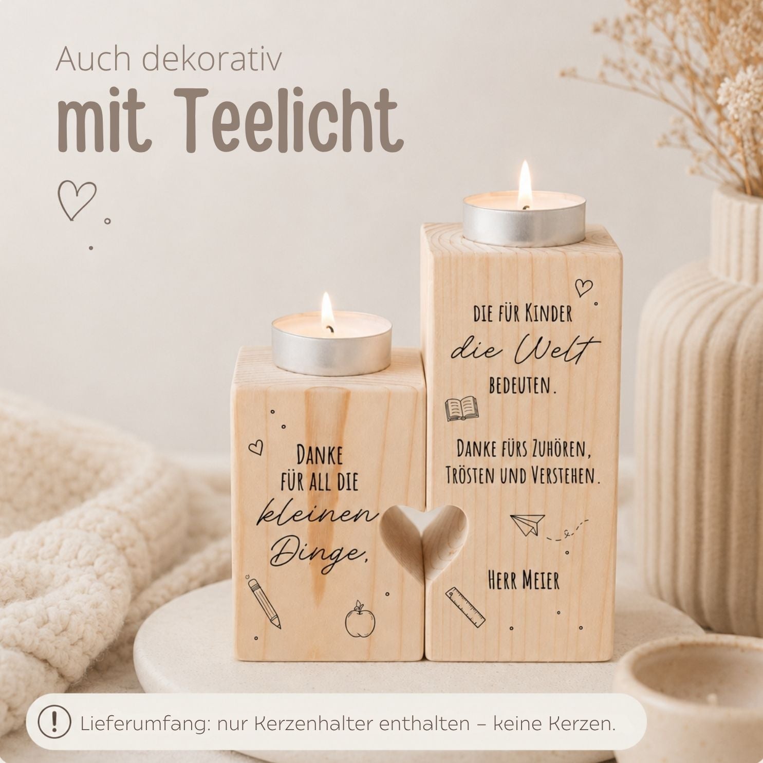Kerzenhalter aus Holz mit Herz personalisiert - Dankeschön für Lehrer & Erzieher - wunderwunsch
