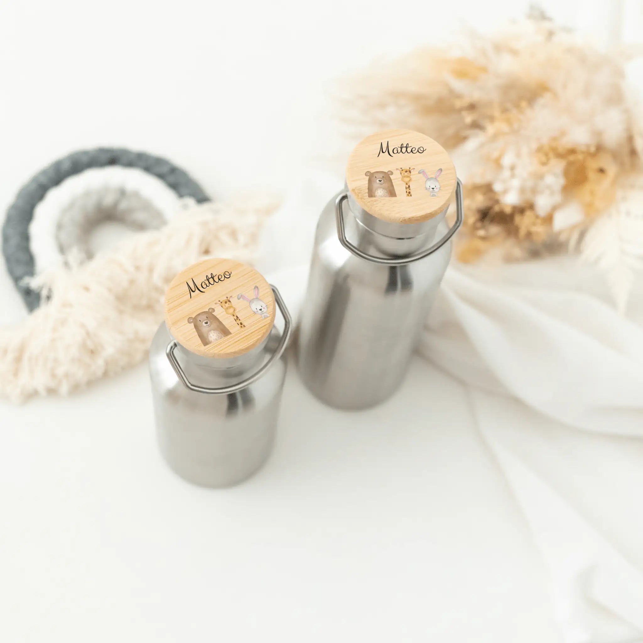 Kinder Trinkflasche Edelstahl personalisiert - Tiere Trio Aquarell - wunderwunsch